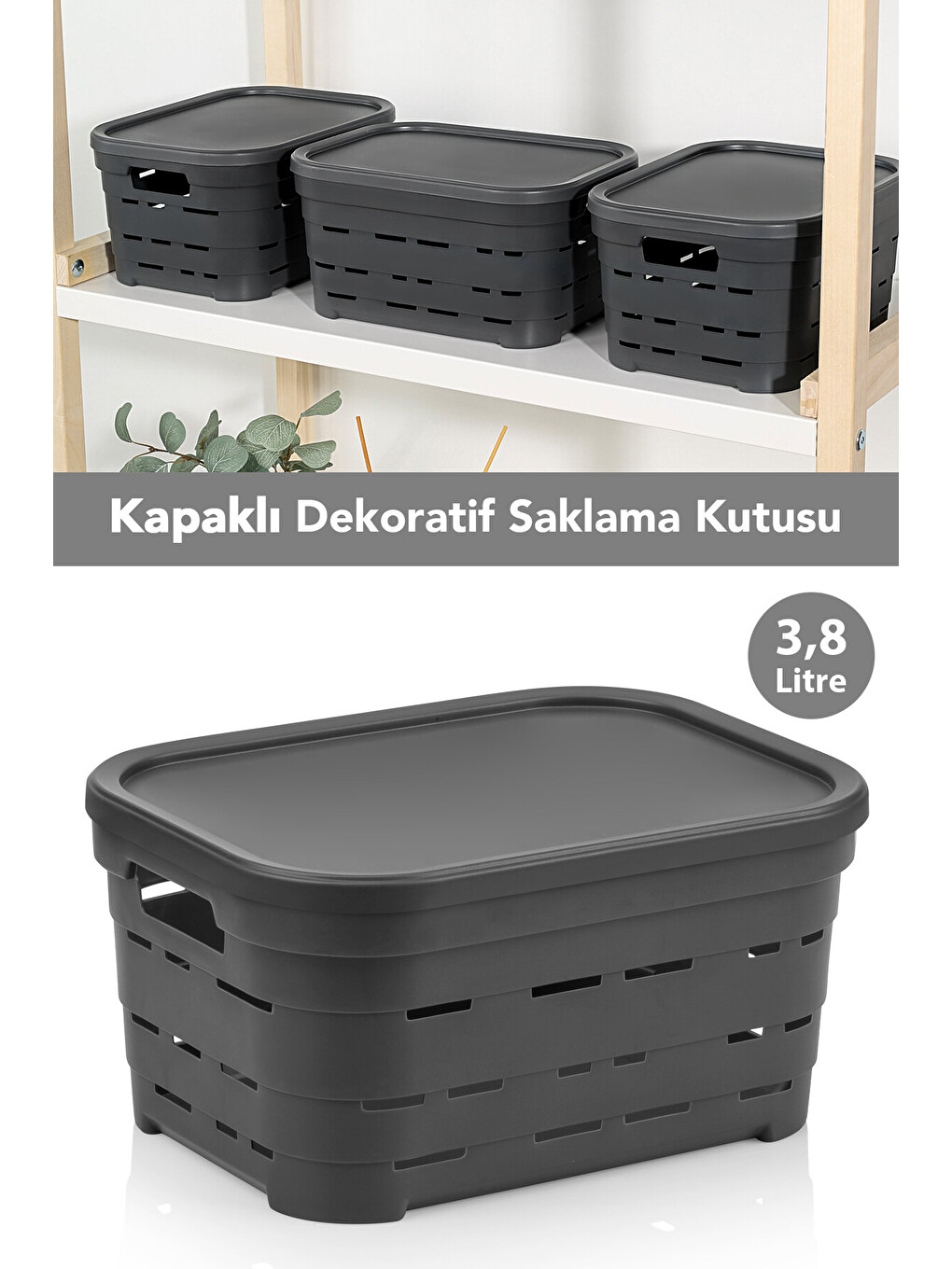 Antrasit Kapaklı Delikli Dekoratif Piramit Saklama Kutusu
