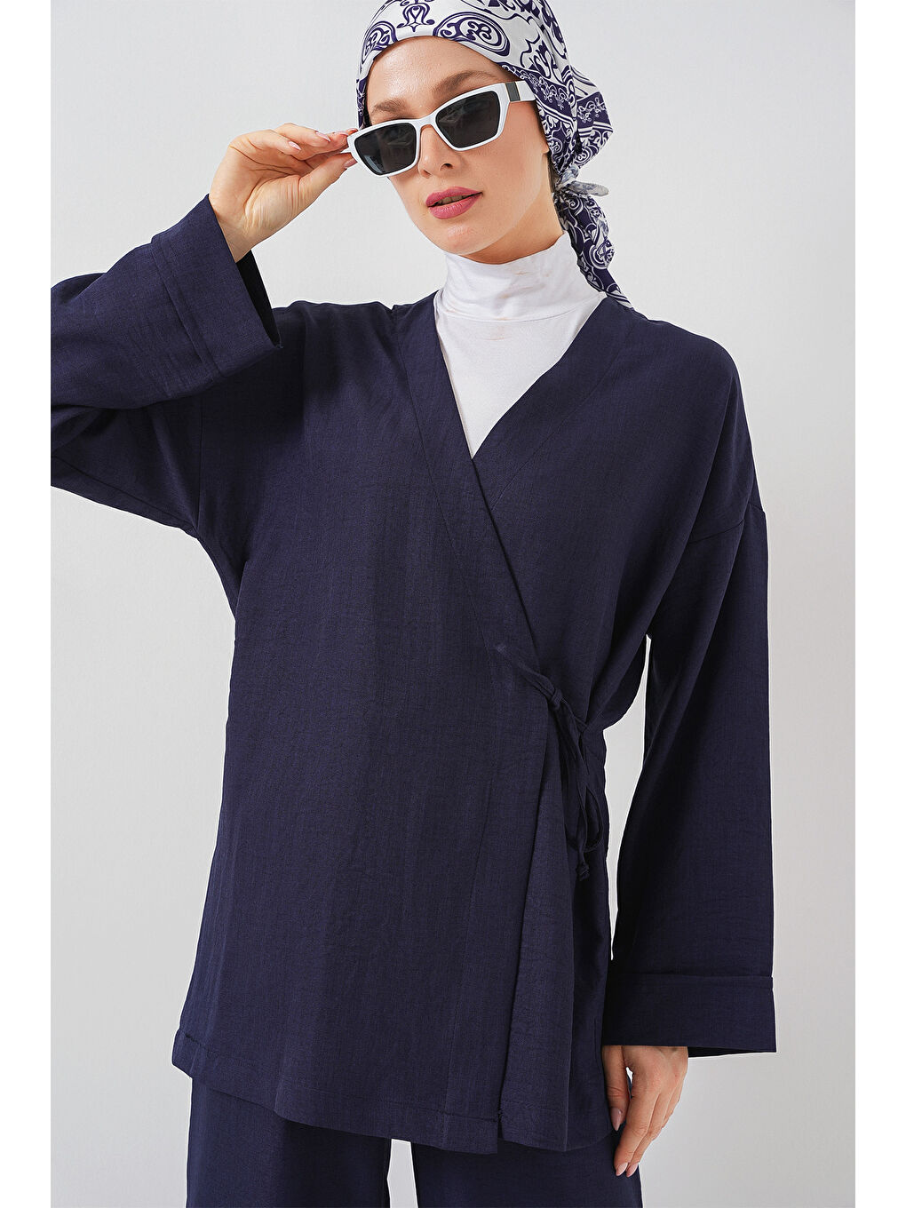 Kadın Kruvaze Yaka Kimono Alt Üst Takım 6743 - Lacivert-2