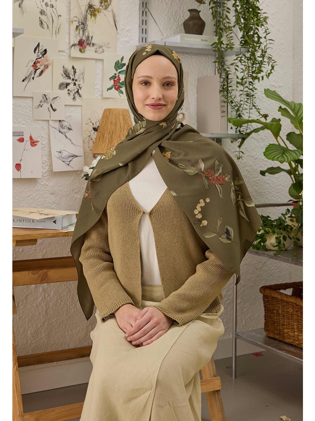 Hazel Desen Şal Askeri Haki-1