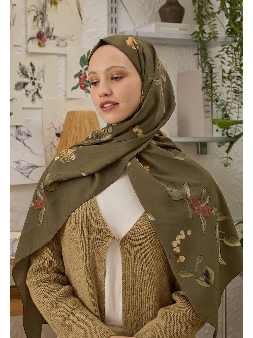 Hazel Desen Şal Askeri Haki-2