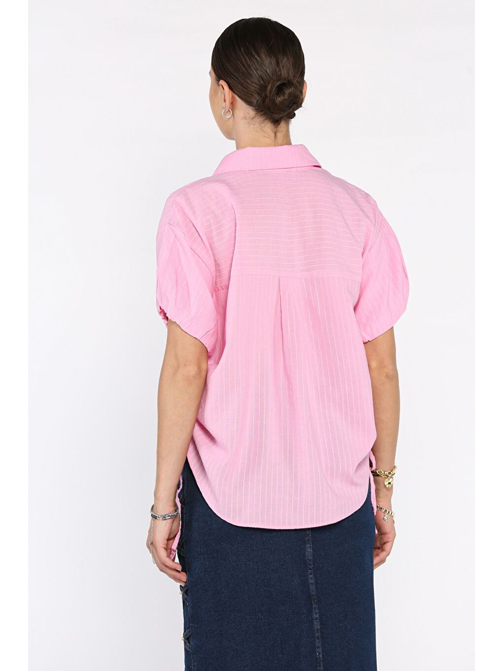 Pembe Kadın Çizgi Desenli Cepli Kısa Kol Gömlek-2