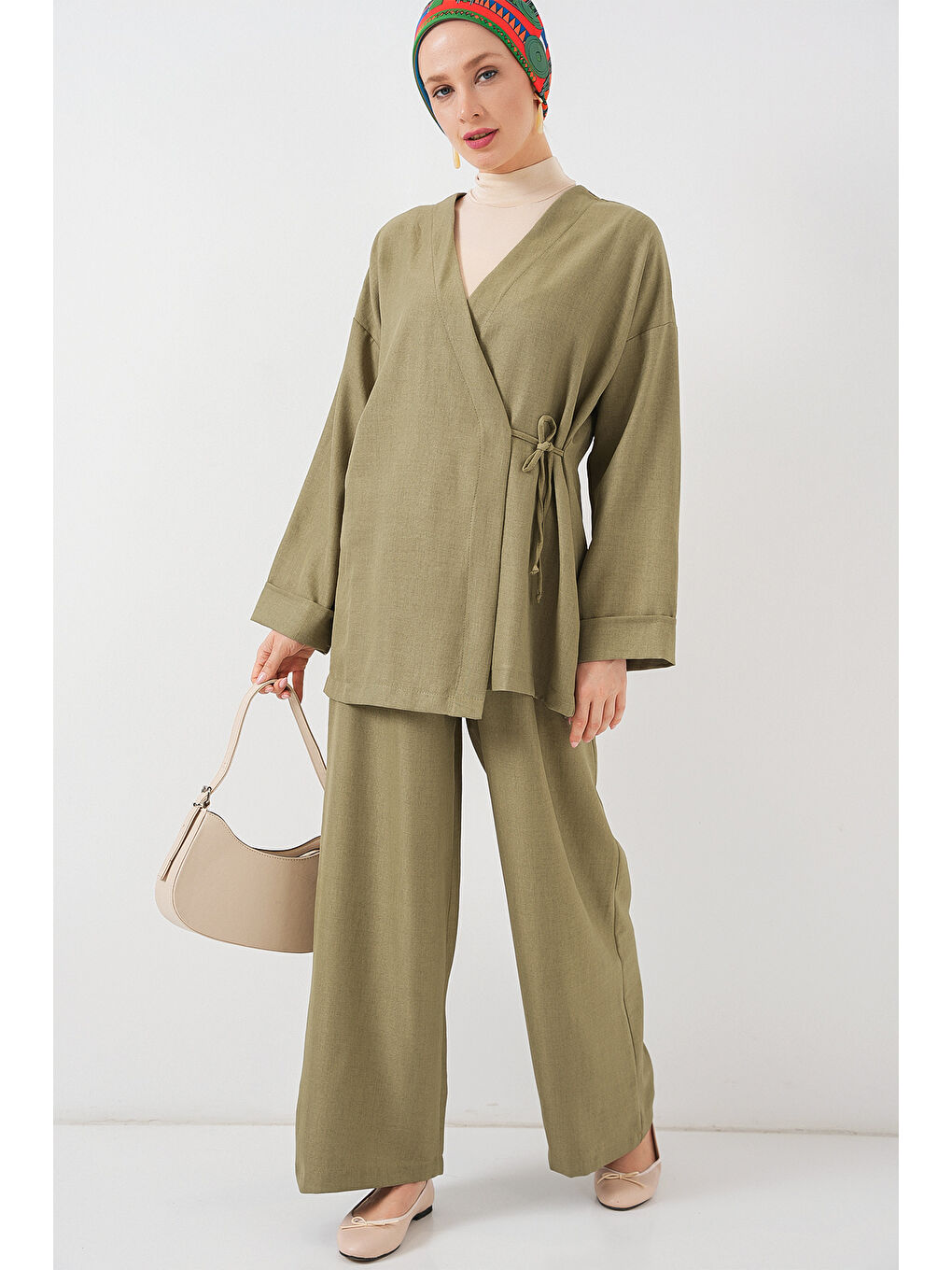 Kadın Kruvaze Yaka Kimono Alt Üst Takım 6743 - Haki