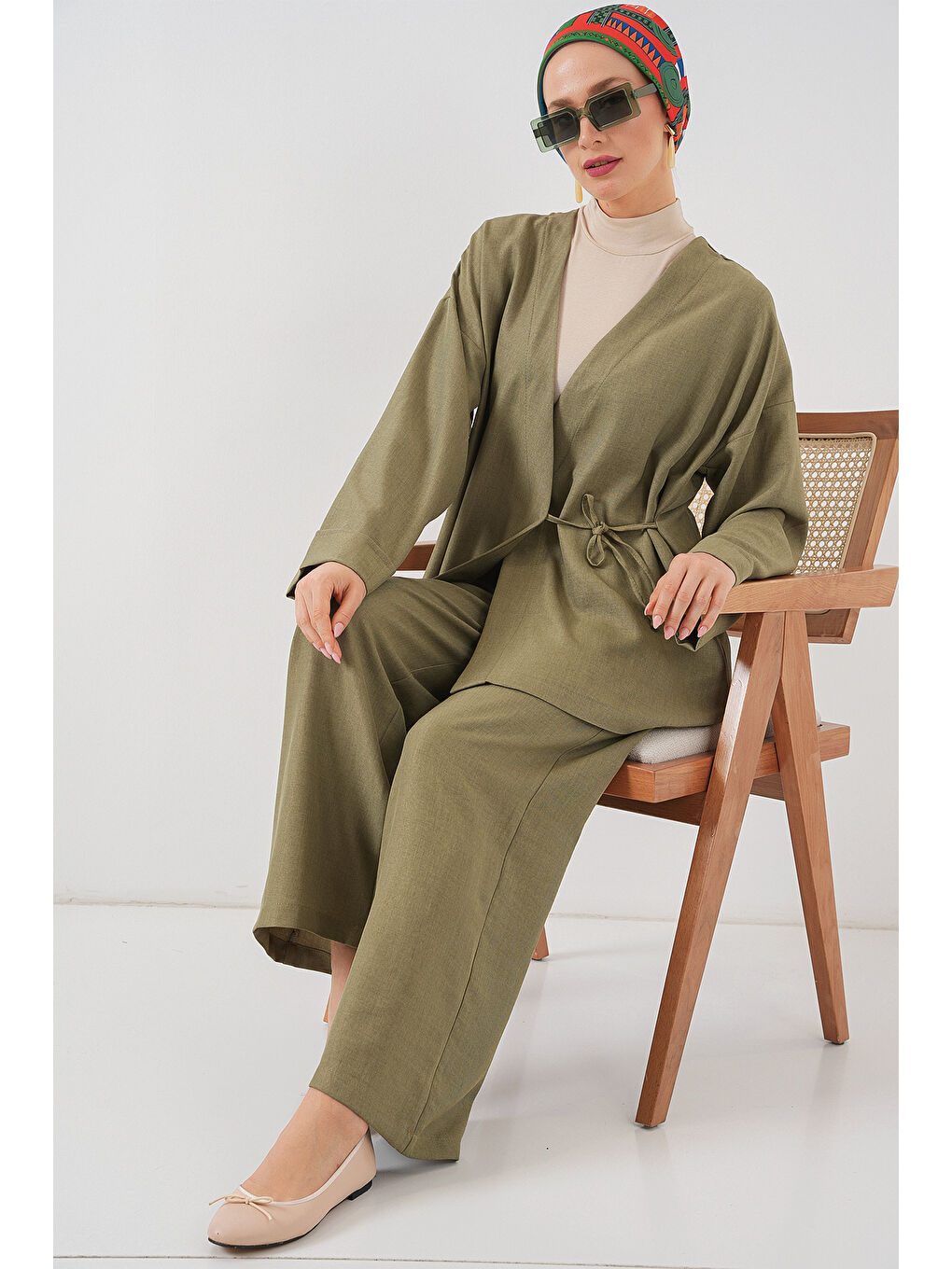 Kadın Kruvaze Yaka Kimono Alt Üst Takım 6743 - Haki-1