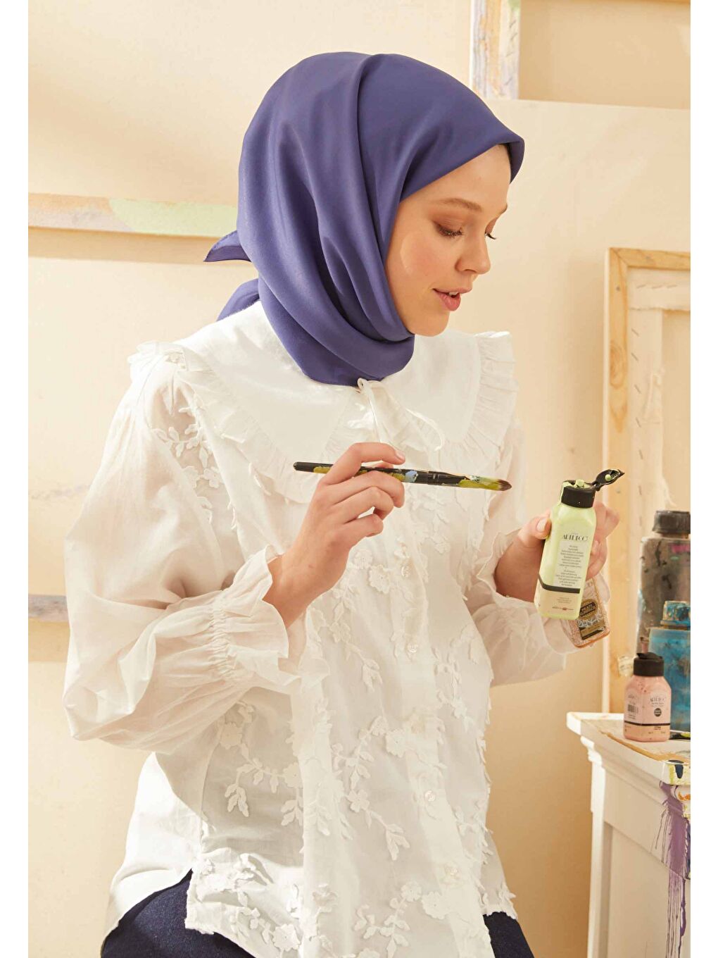 Mavi Pamuk İpek Eşarp Gece Mavısı