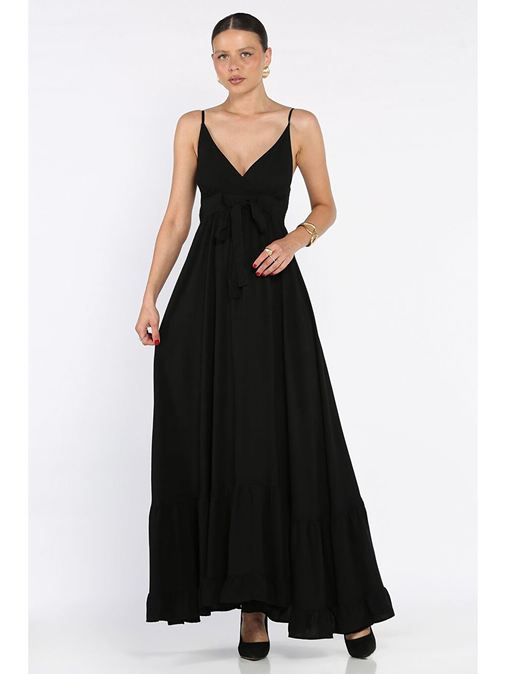 Siyah İp Askılı Bel Bağcıklı Desenli Viskon Elbise