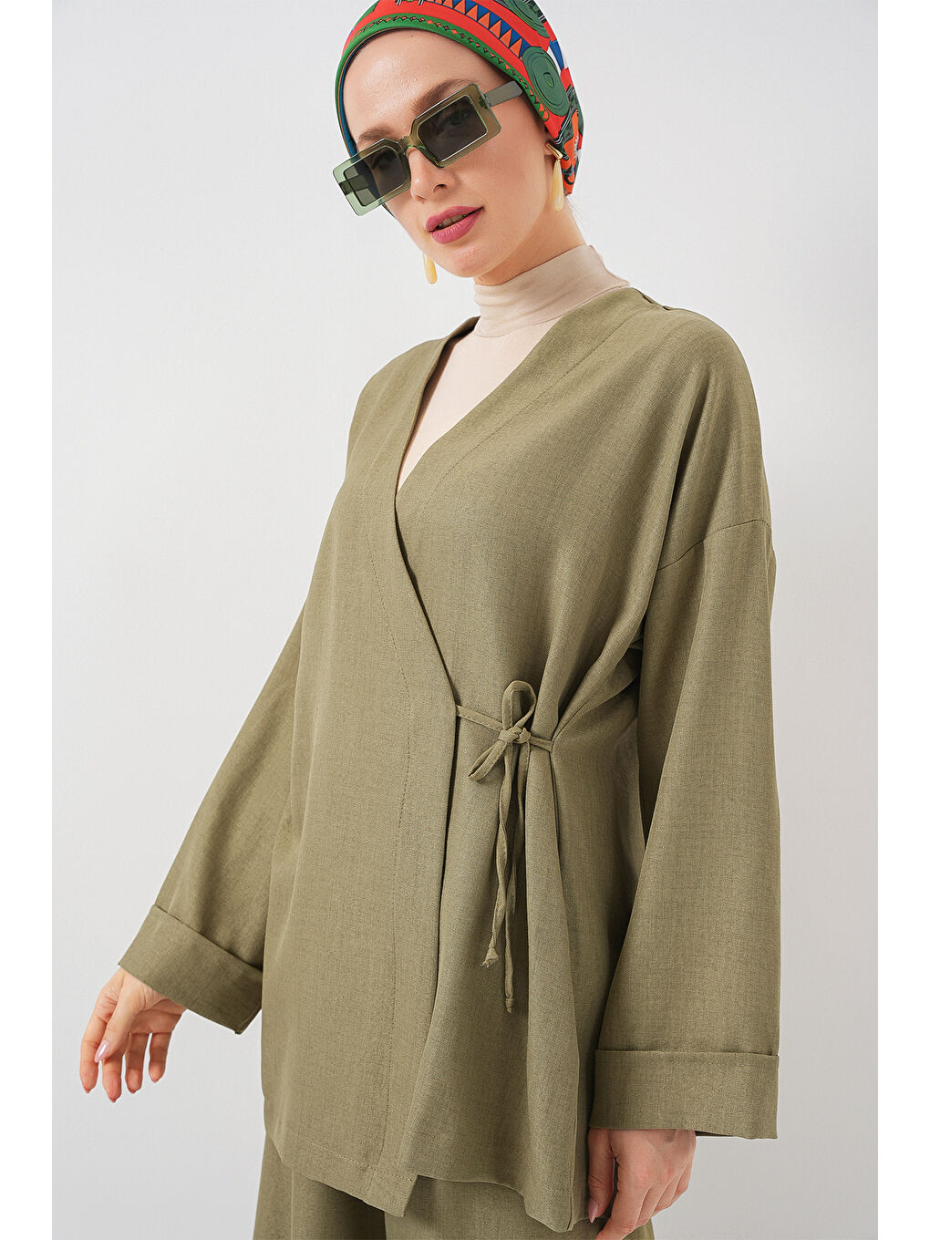 Kadın Kruvaze Yaka Kimono Alt Üst Takım 6743 - Haki-2