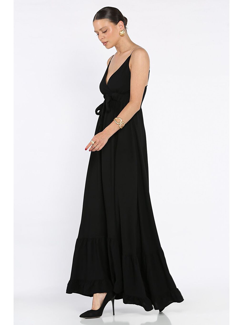 Siyah İp Askılı Bel Bağcıklı Desenli Viskon Elbise-1