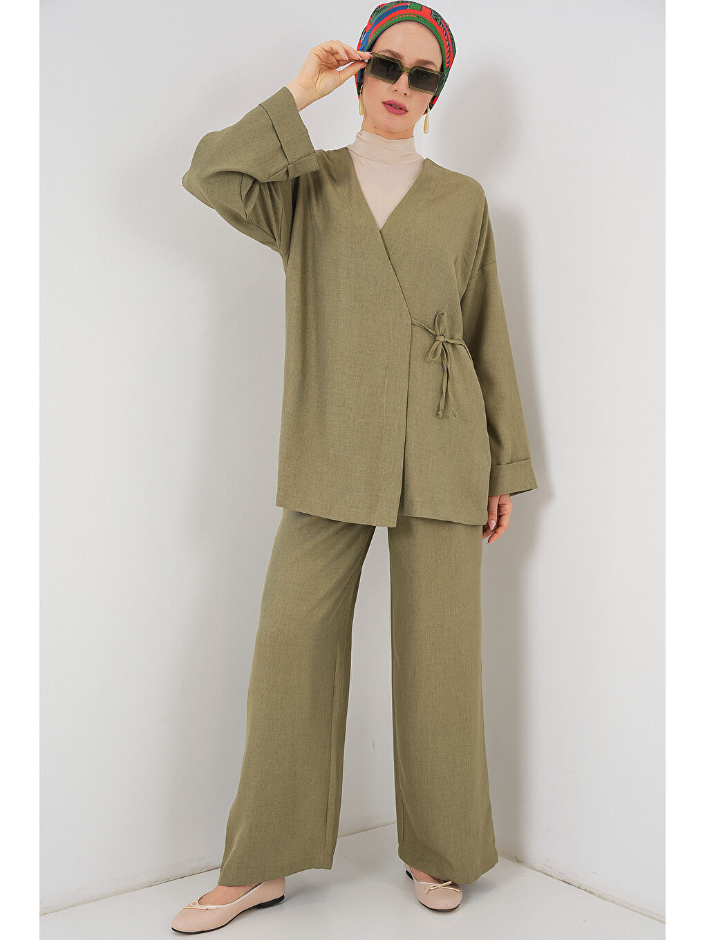 Kadın Kruvaze Yaka Kimono Alt Üst Takım 6743 - Haki-3