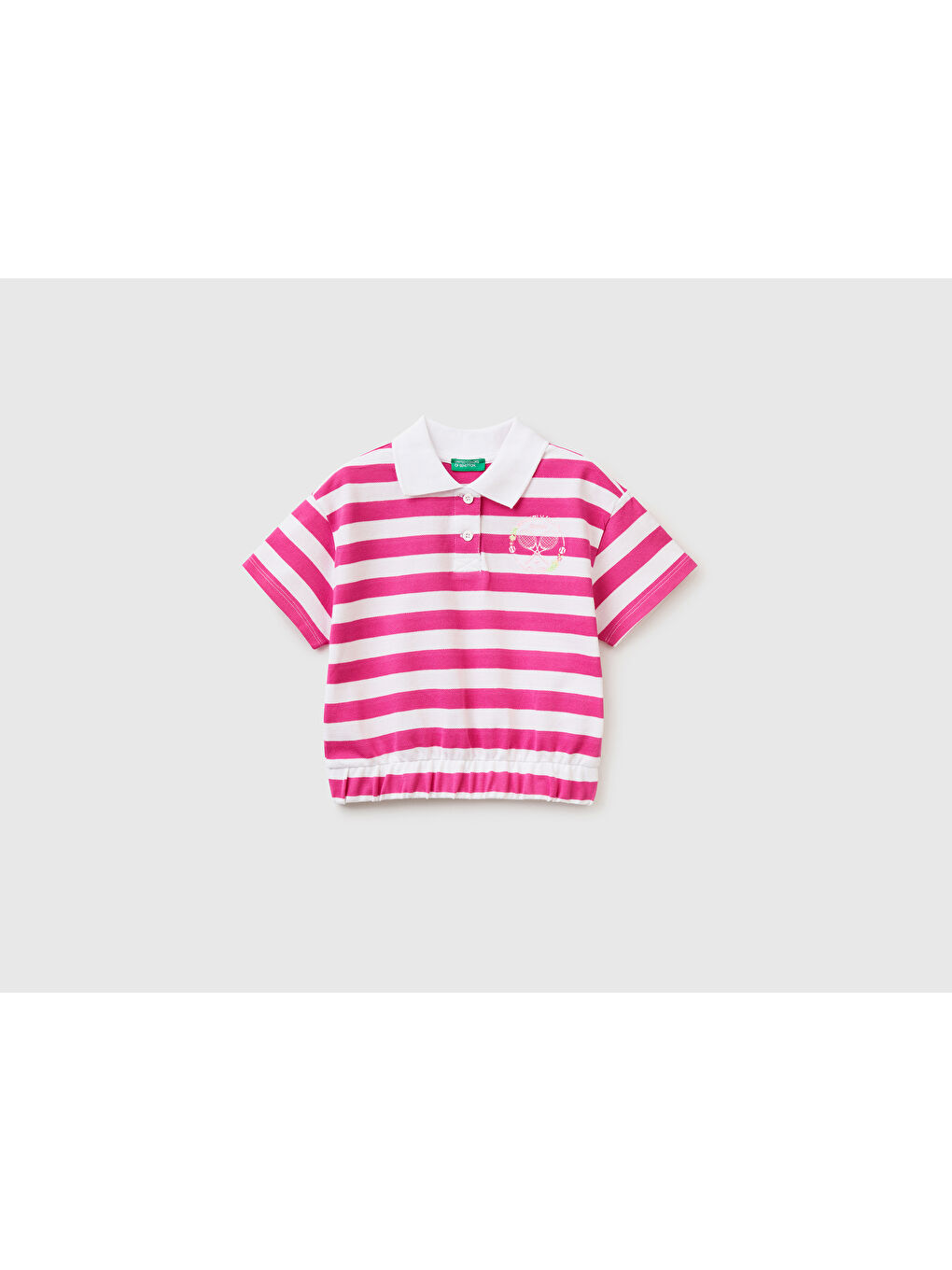 United Colors Of Benetton Kız Çocuk Pembe Mix Beli Lastikli Çizgili Amblemli Pike Polo T-Shirt