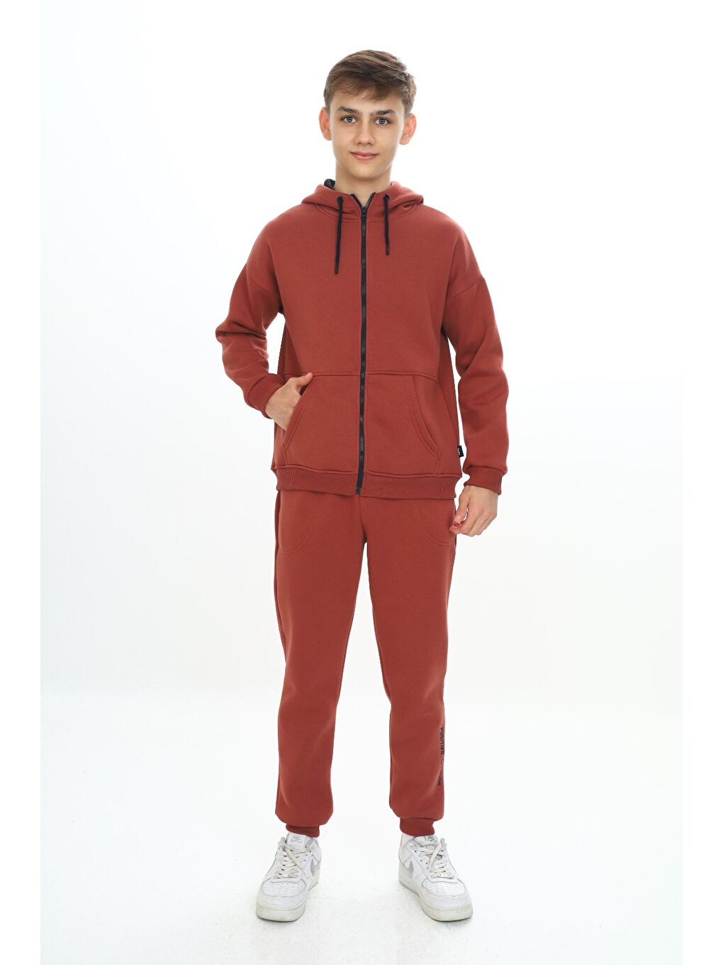 Kahverengi Erkek Çocuk Kapüşonlu Eşofman Takım-1