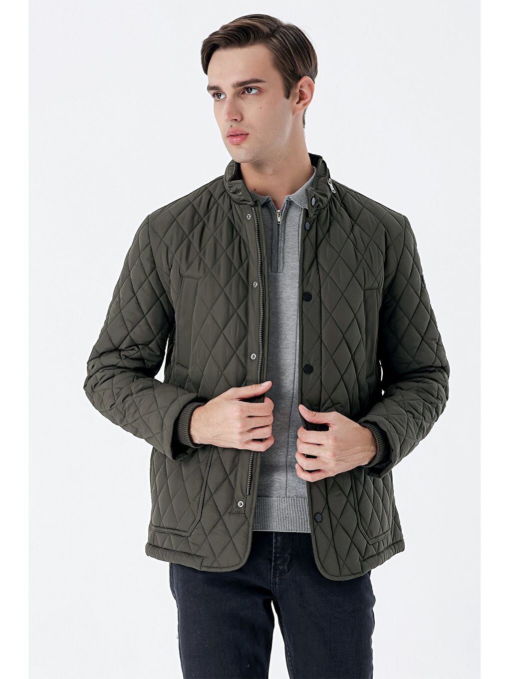 Koyu Haki Kapitone Dik Yaka Astarlı Slim Fit Dar Kesim Casual Mont 1007235165