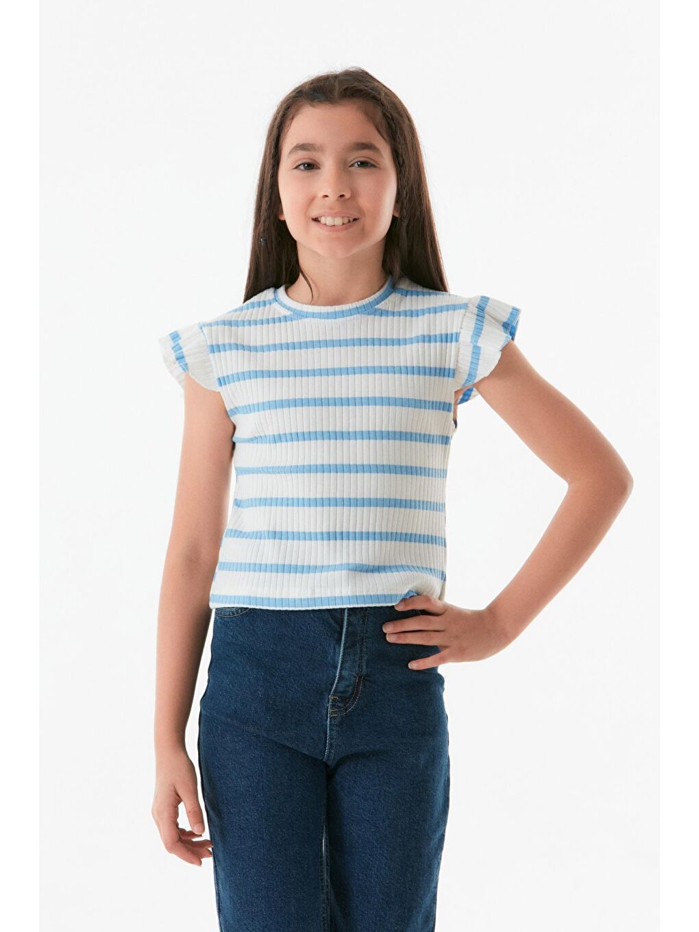 Mavi Fitilli Çizgili Kolları Fırfırlı Kız Çocuk Tişört