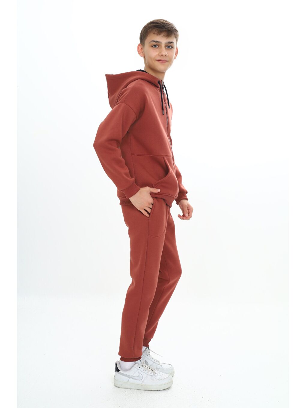 Kahverengi Erkek Çocuk Kapüşonlu Eşofman Takım-4