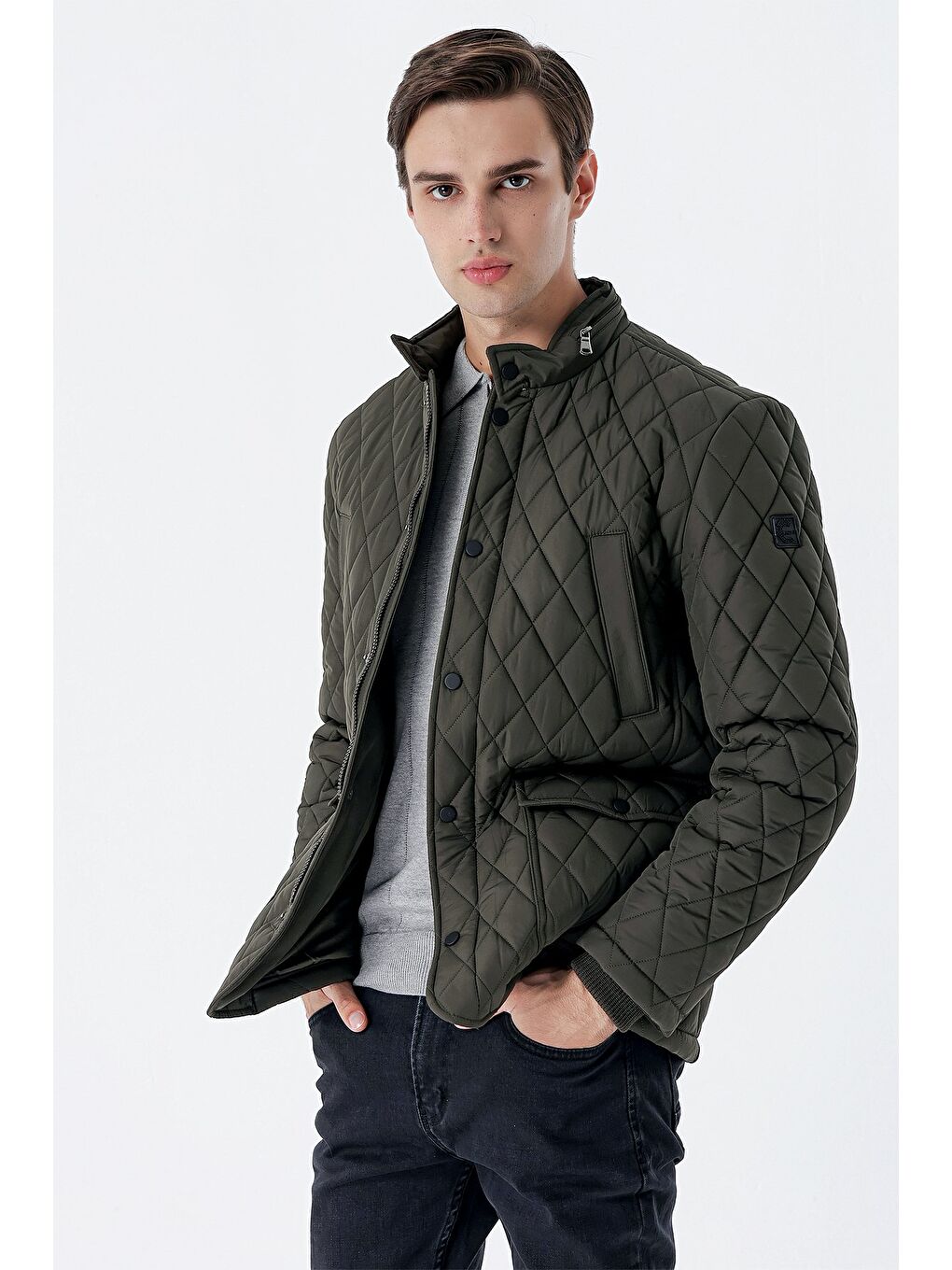 Koyu Haki Kapitone Dik Yaka Astarlı Slim Fit Dar Kesim Casual Mont 1007235165-2