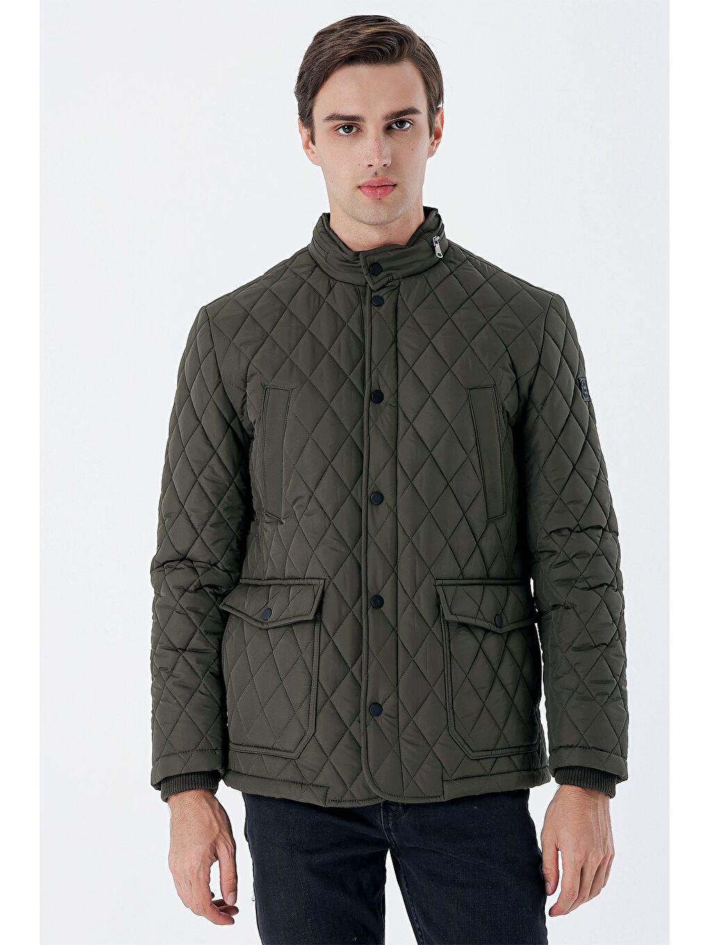 Koyu Haki Kapitone Dik Yaka Astarlı Slim Fit Dar Kesim Casual Mont 1007235165-4