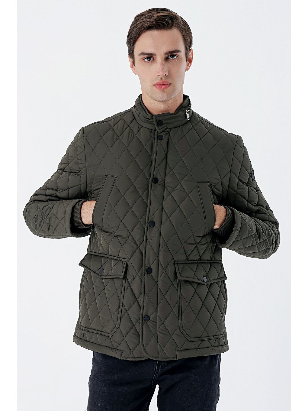 Koyu Haki Kapitone Dik Yaka Astarlı Slim Fit Dar Kesim Casual Mont 1007235165-5