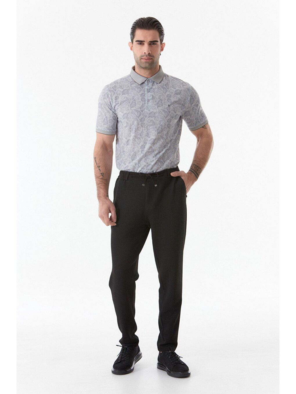 Siyah Waffle Kumaş Beli Bağcıklı Erkek Pantolon-2