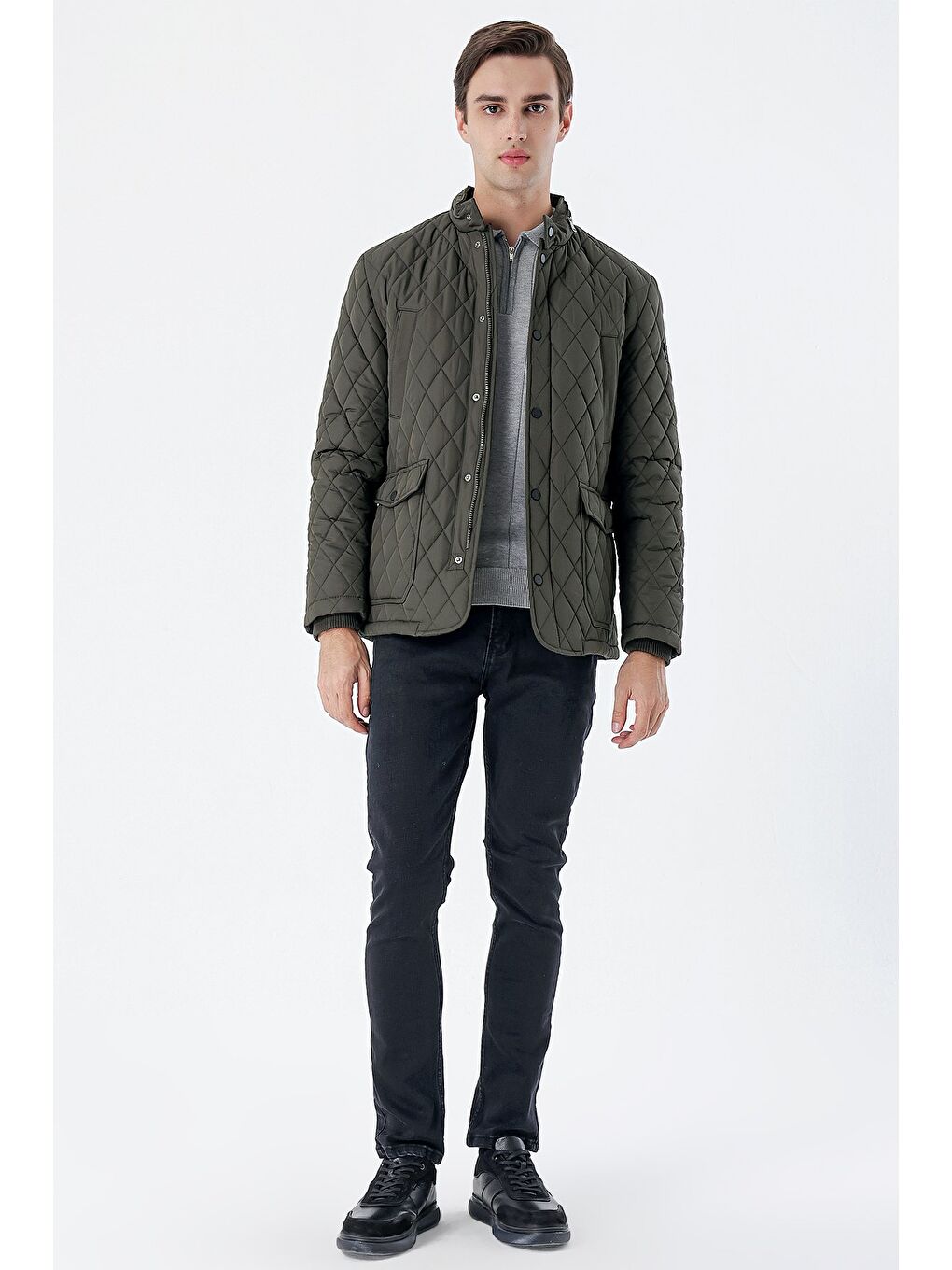 Koyu Haki Kapitone Dik Yaka Astarlı Slim Fit Dar Kesim Casual Mont 1007235165-6