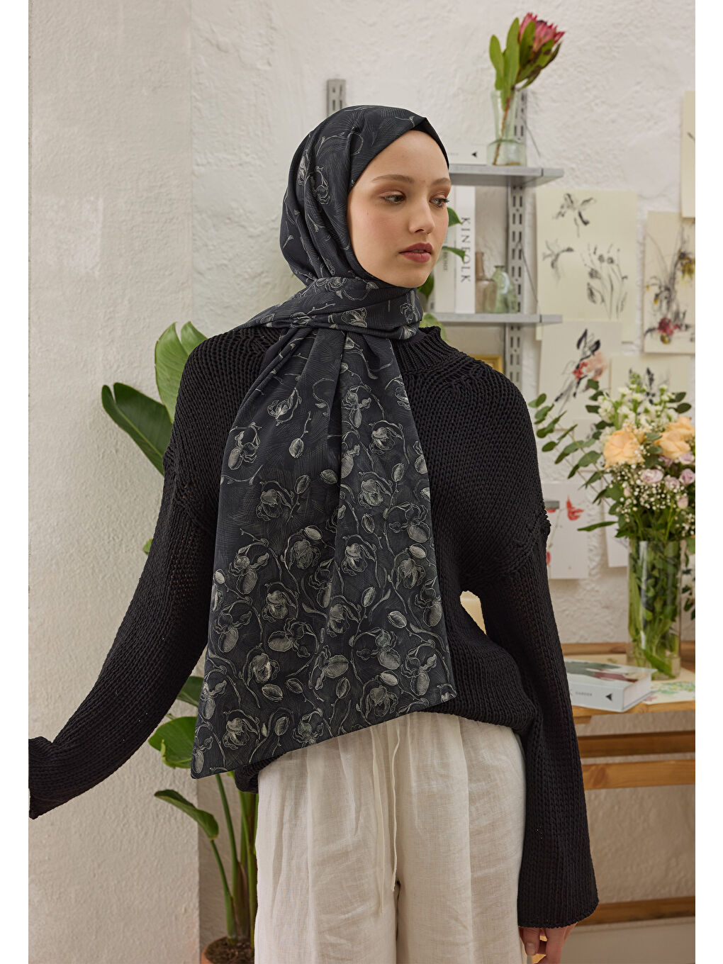 Ruby Desen Şal Siyah-1