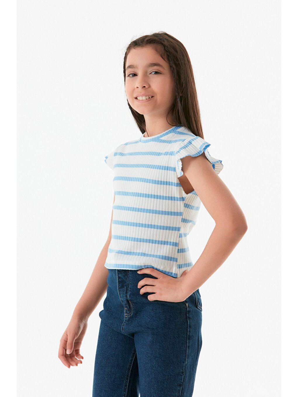 Mavi Fitilli Çizgili Kolları Fırfırlı Kız Çocuk Tişört-2