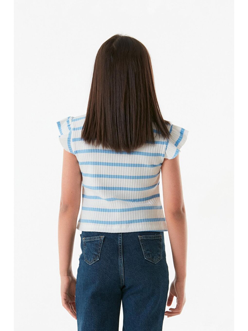 Mavi Fitilli Çizgili Kolları Fırfırlı Kız Çocuk Tişört-3