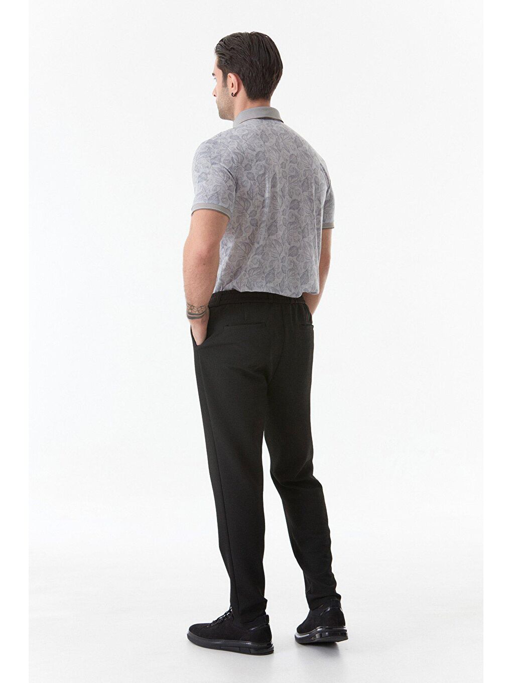 Siyah Waffle Kumaş Beli Bağcıklı Erkek Pantolon-4