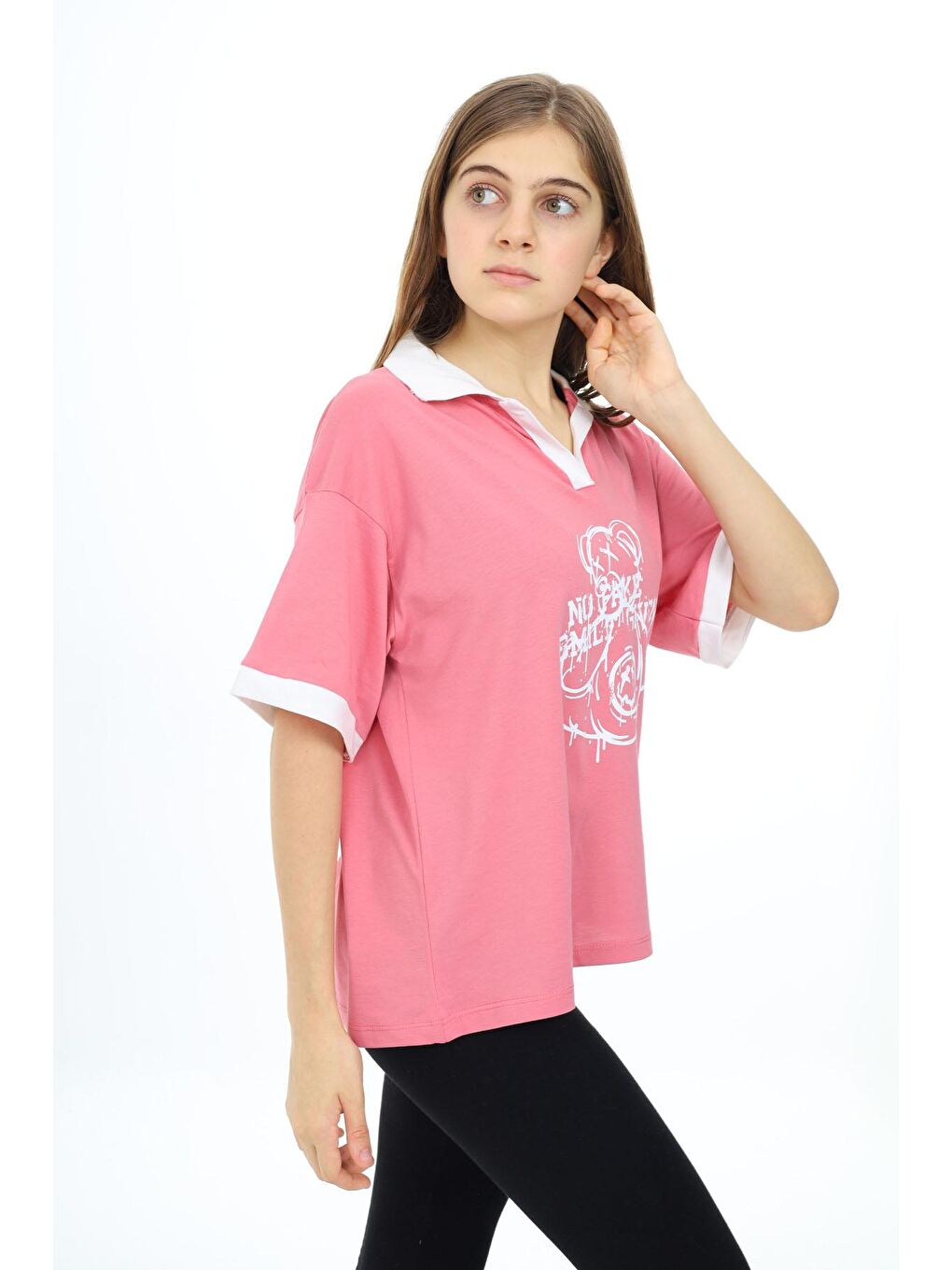 Pembe Ayıcık Baskılı Yakalı Oversize Kız Tişört 17819-1
