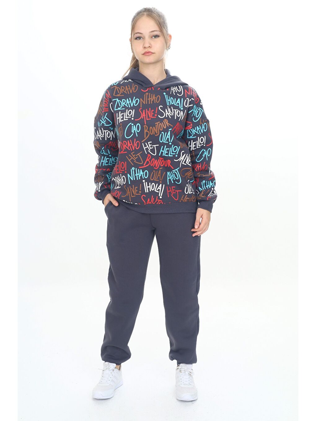 Antrasit Kız Çocuk Kapüşonlu Eşofman Takım-1