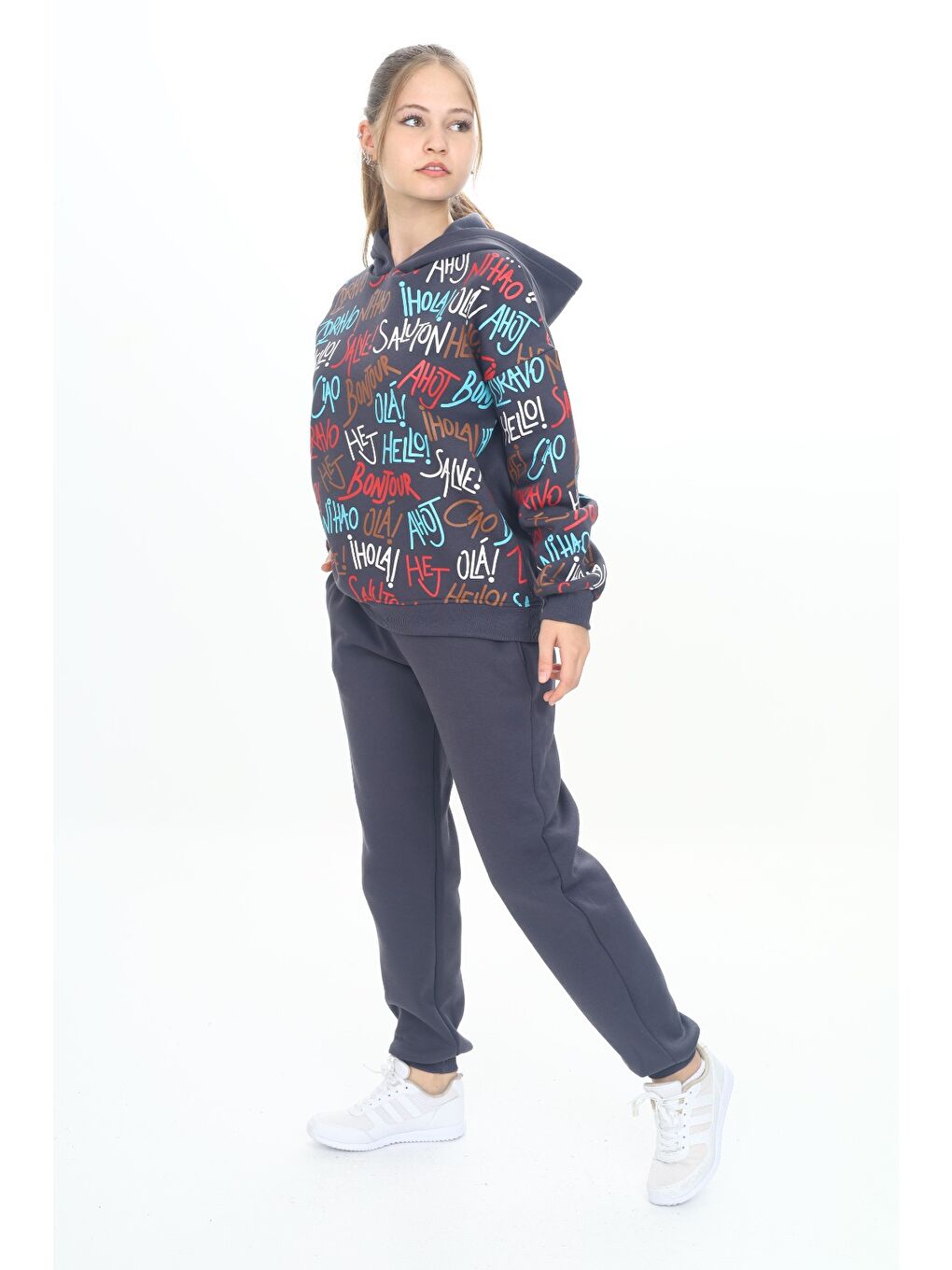 Antrasit Kız Çocuk Kapüşonlu Eşofman Takım-2