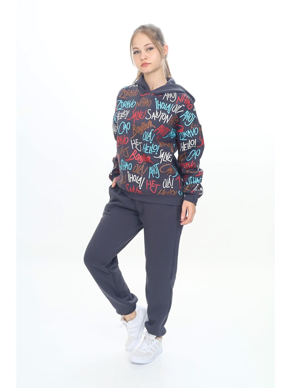 Antrasit Kız Çocuk Kapüşonlu Eşofman Takım-4