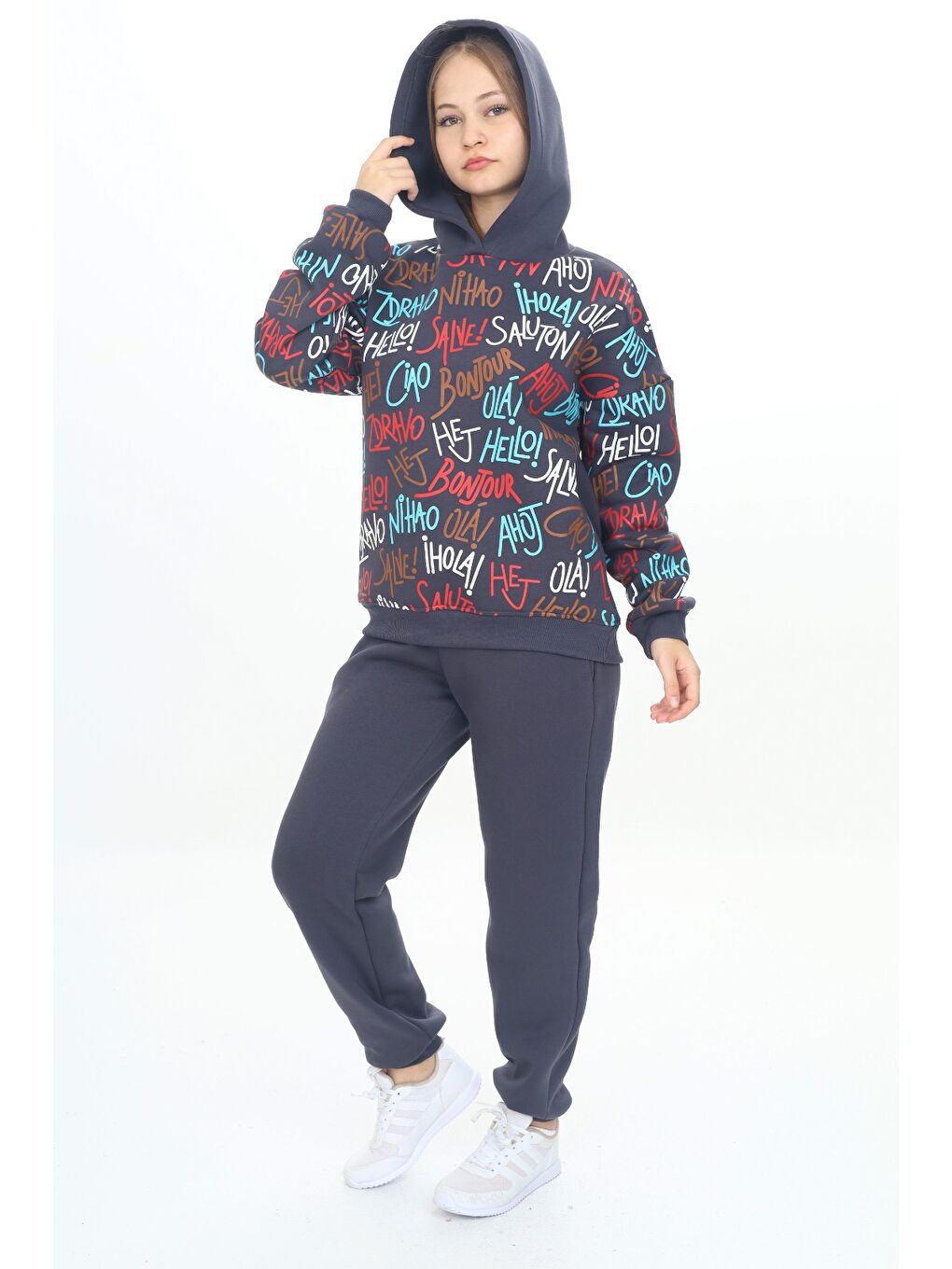 Antrasit Kız Çocuk Kapüşonlu Eşofman Takım-6