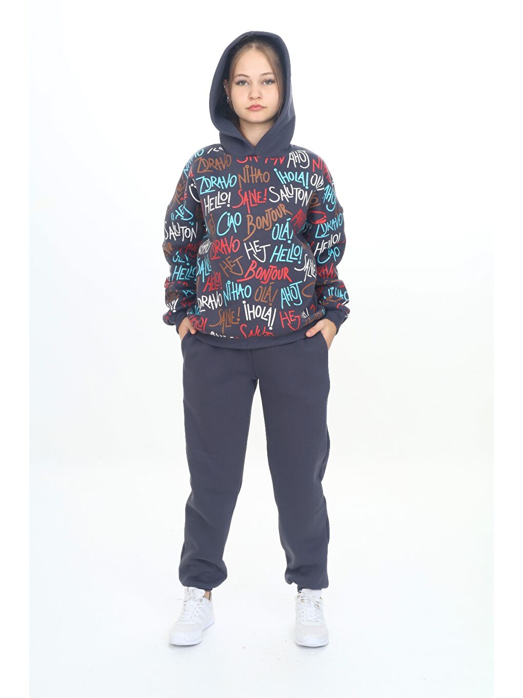 Antrasit Kız Çocuk Kapüşonlu Eşofman Takım-8