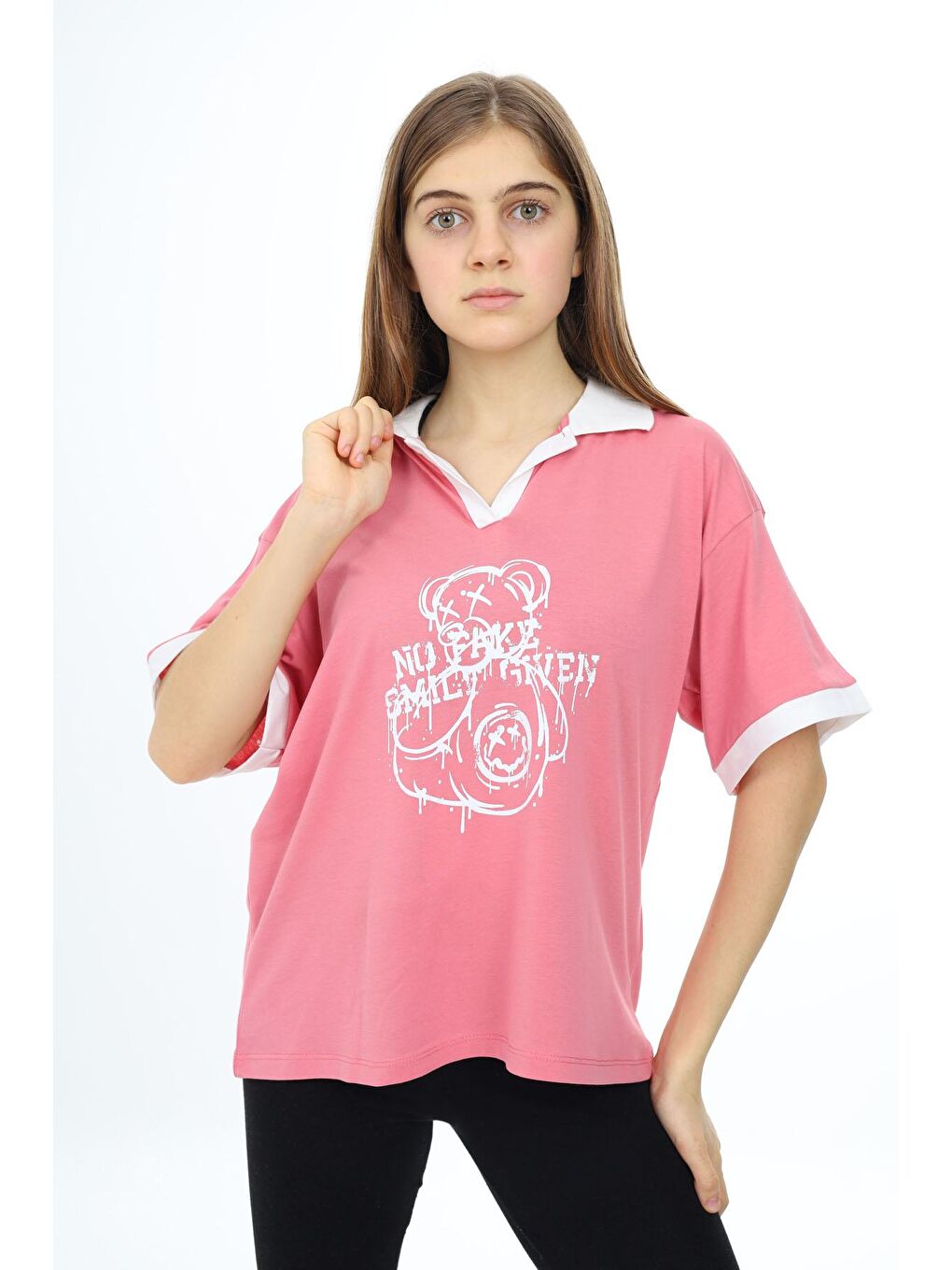 Pembe Ayıcık Baskılı Yakalı Oversize Kız Tişört 17819-2