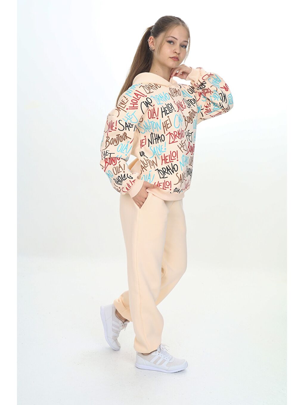 Ekru Kız Çocuk Kapüşonlu Eşofman Takım