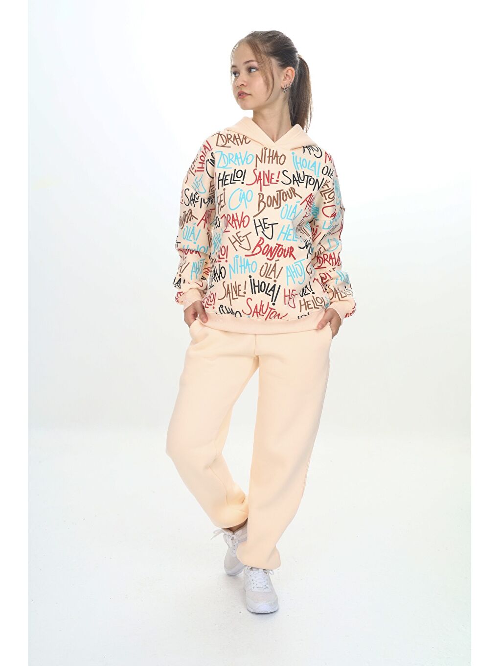 Ekru Kız Çocuk Kapüşonlu Eşofman Takım-1