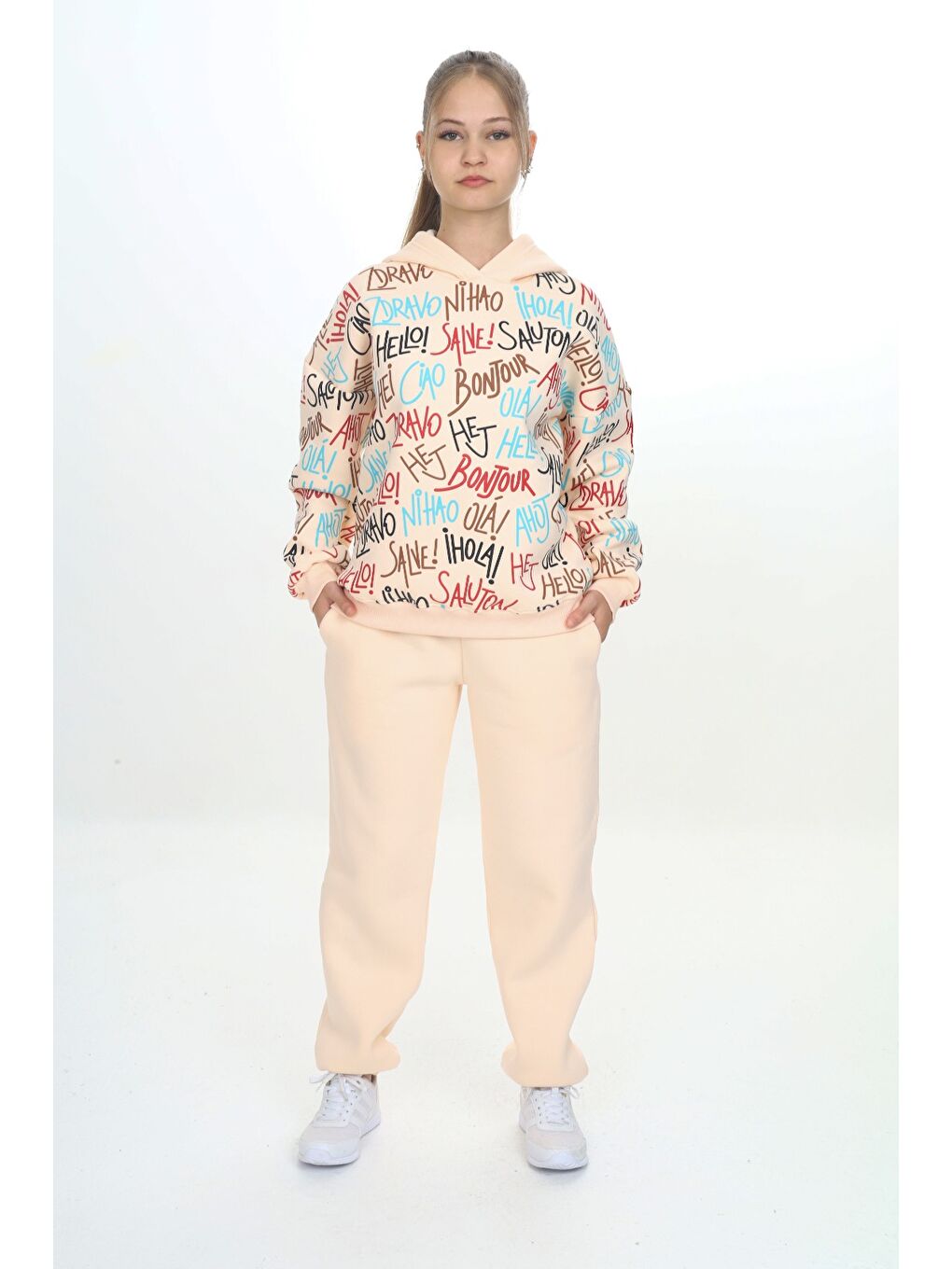 Ekru Kız Çocuk Kapüşonlu Eşofman Takım-2