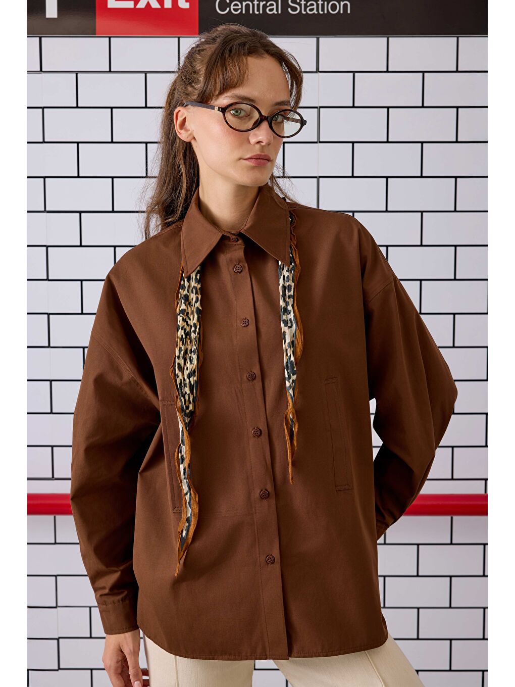 Kahverengi Çift Fleto Cepli Gömlek Kahve-2