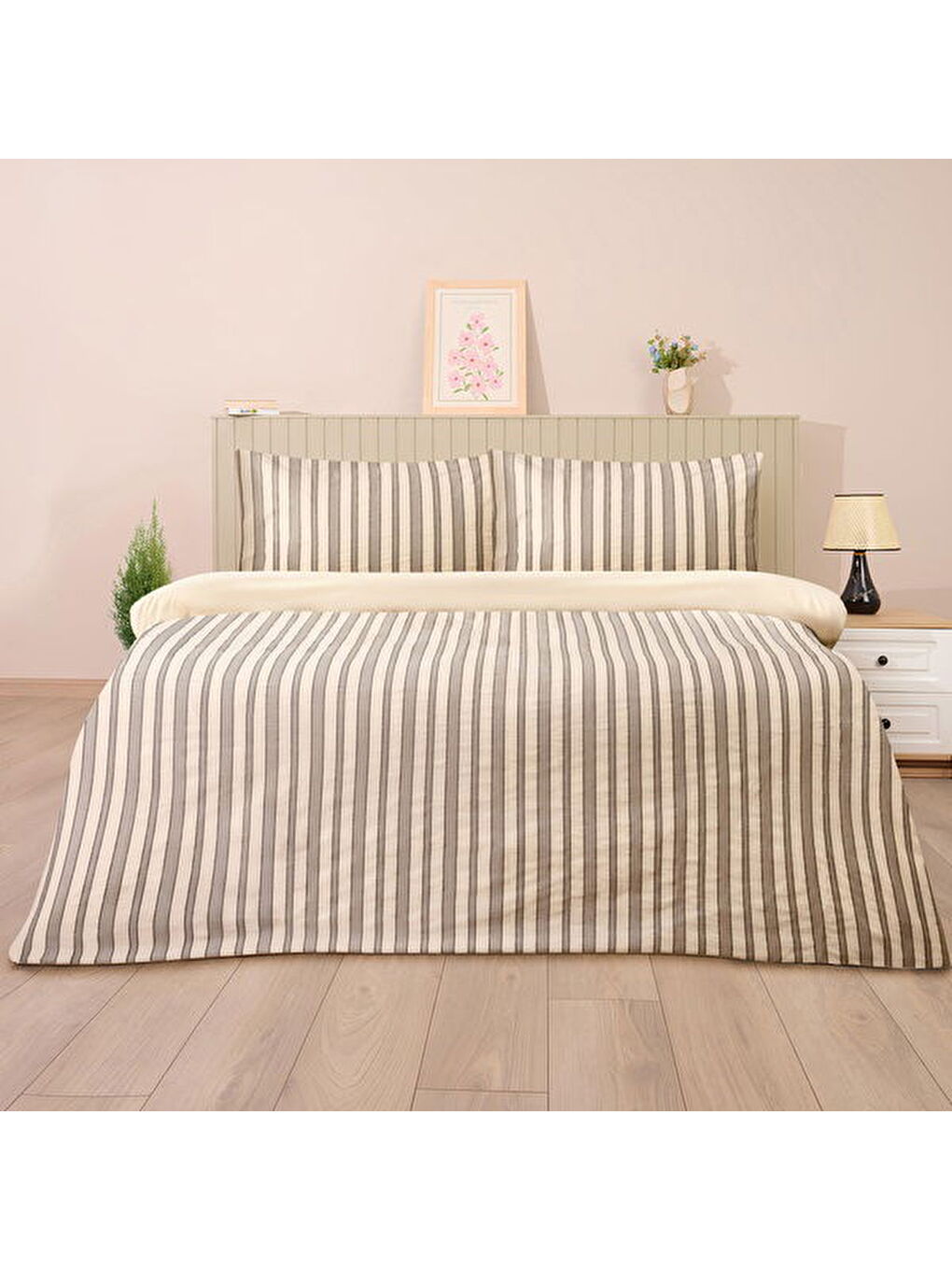 Siyah Soft Rene İpliği Boyalı Çift Kişilik Nevresim Takımı - Krem / Antrasit-1