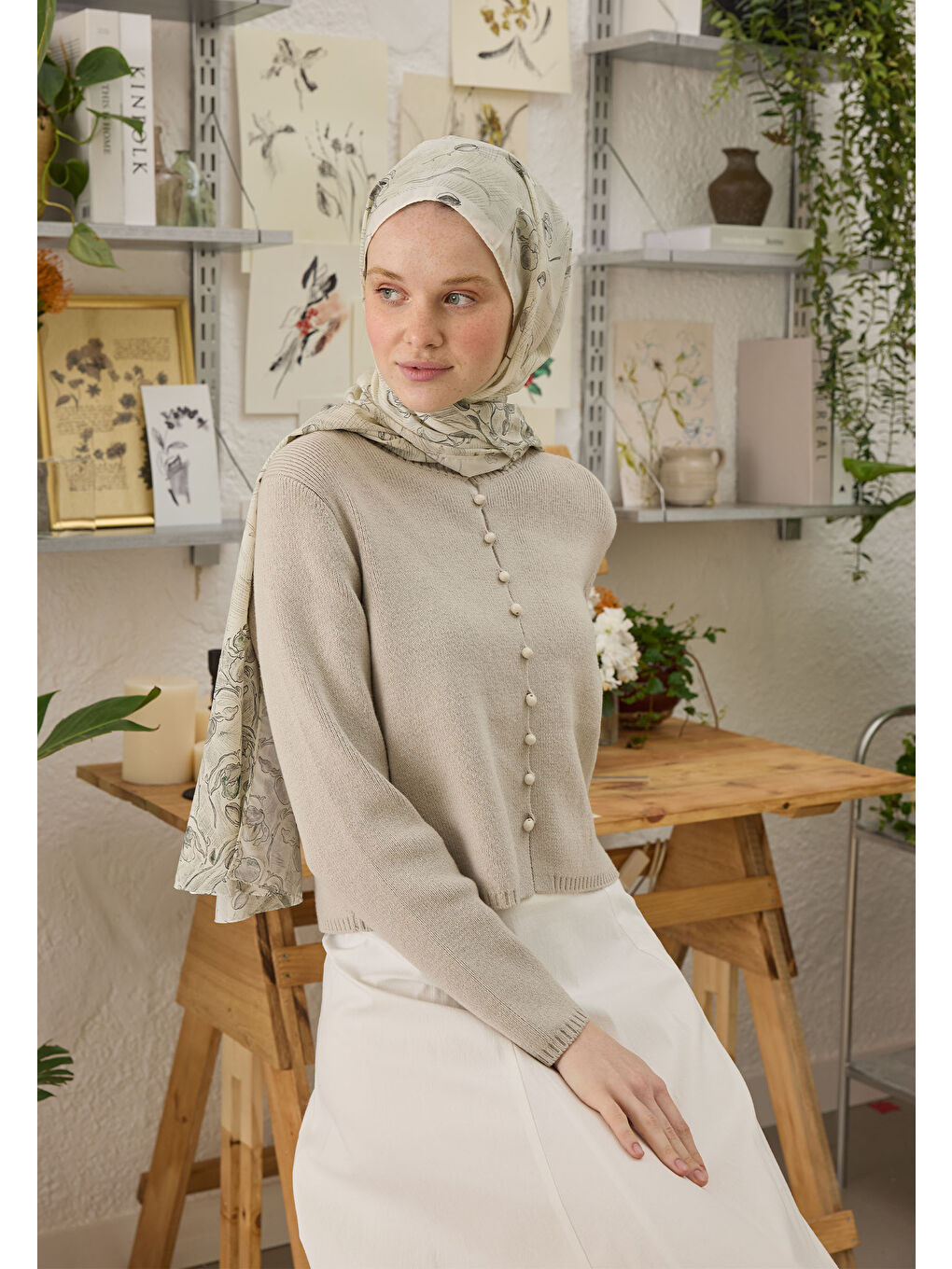 Ruby Desen Şal Ekru-2