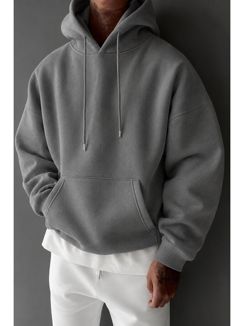 Gri Regular Kapüşonlu Sweatshirt Erkek Unisex 3 İplik Şardonlu %100 Pamuk Basic Hoodie