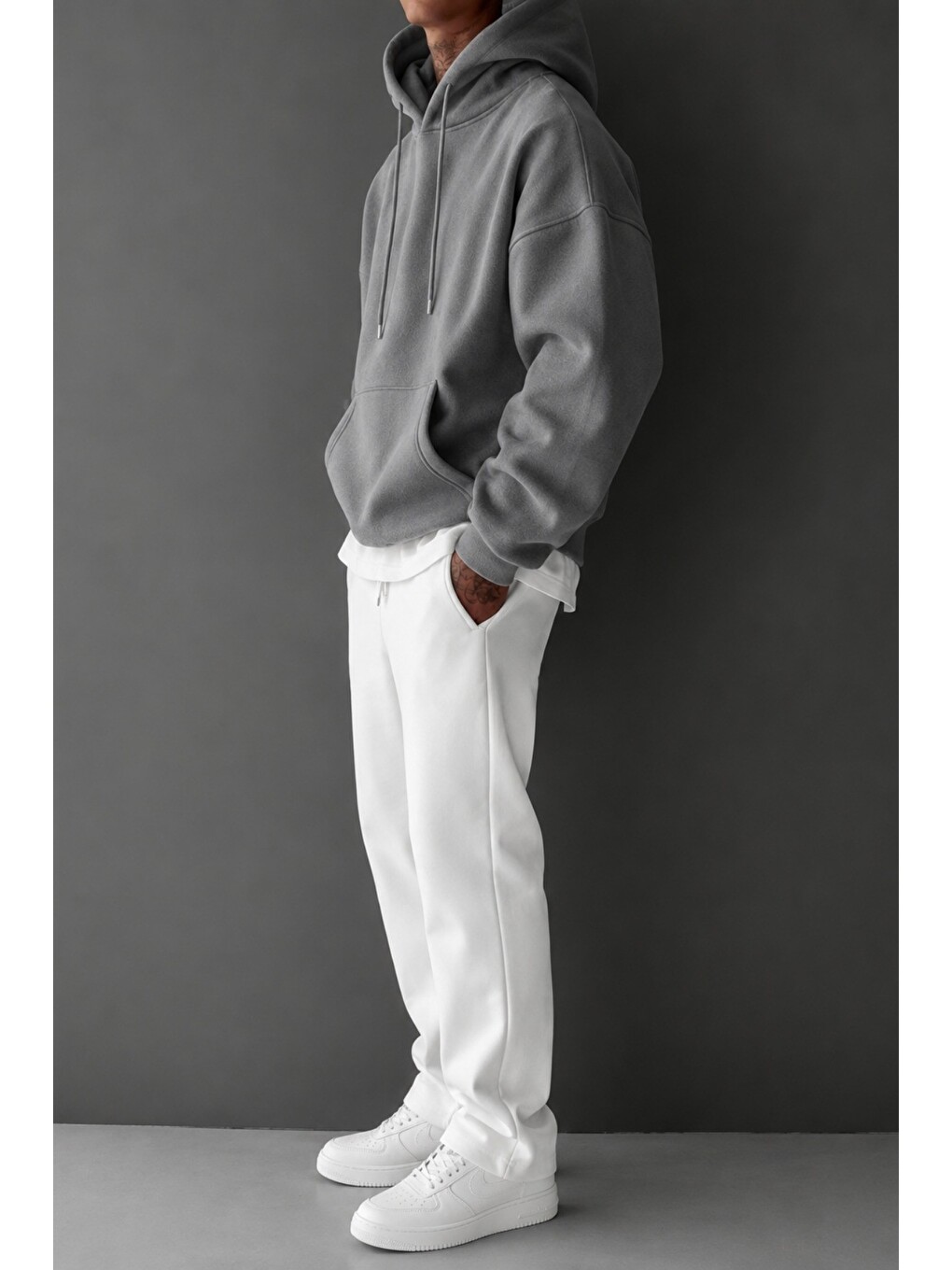 Gri Regular Kapüşonlu Sweatshirt Erkek Unisex 3 İplik Şardonlu %100 Pamuk Basic Hoodie-1