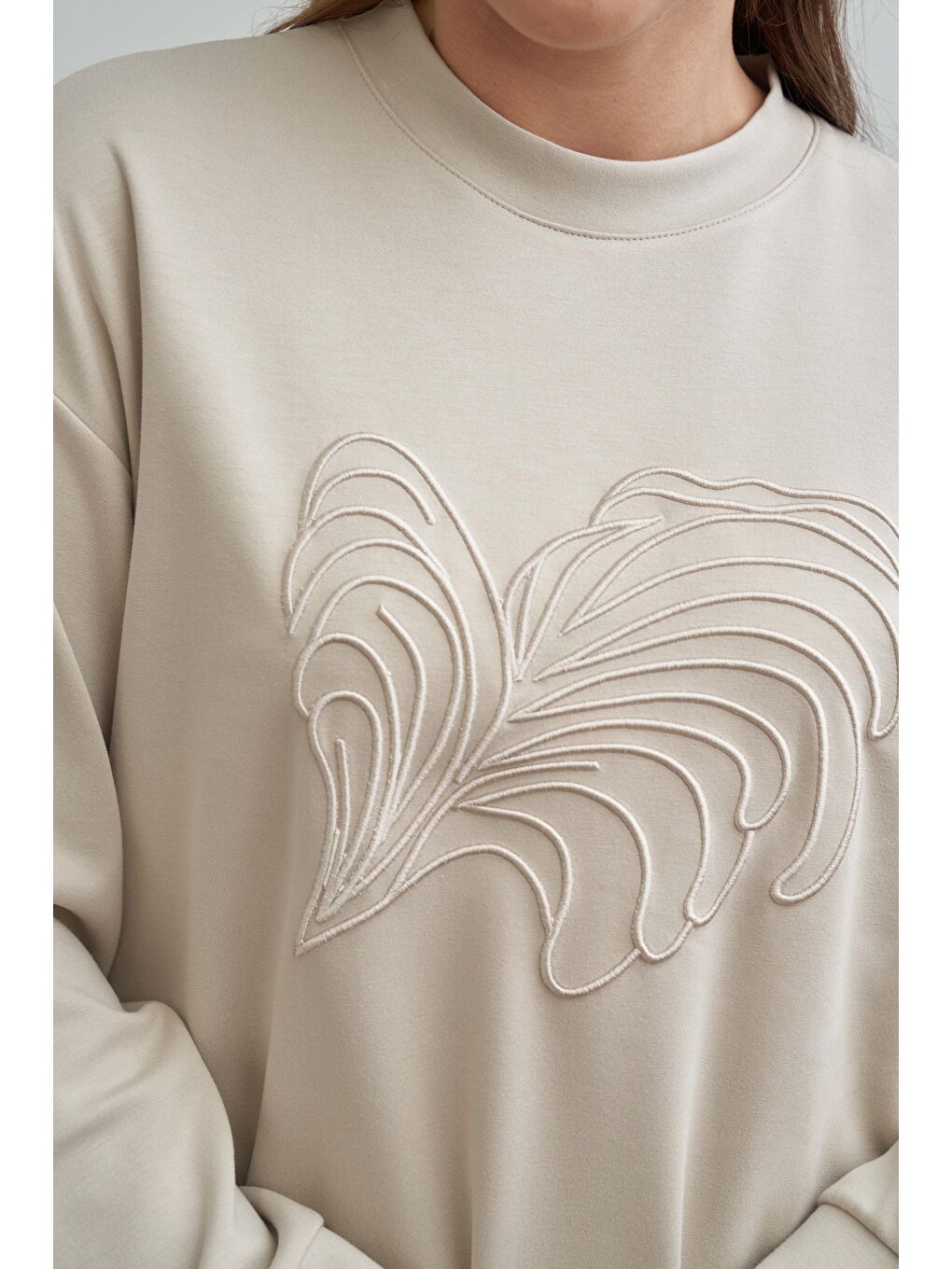 Bej Taş-Yumuşak Dokulu Nakışlı Sweatshirt-4