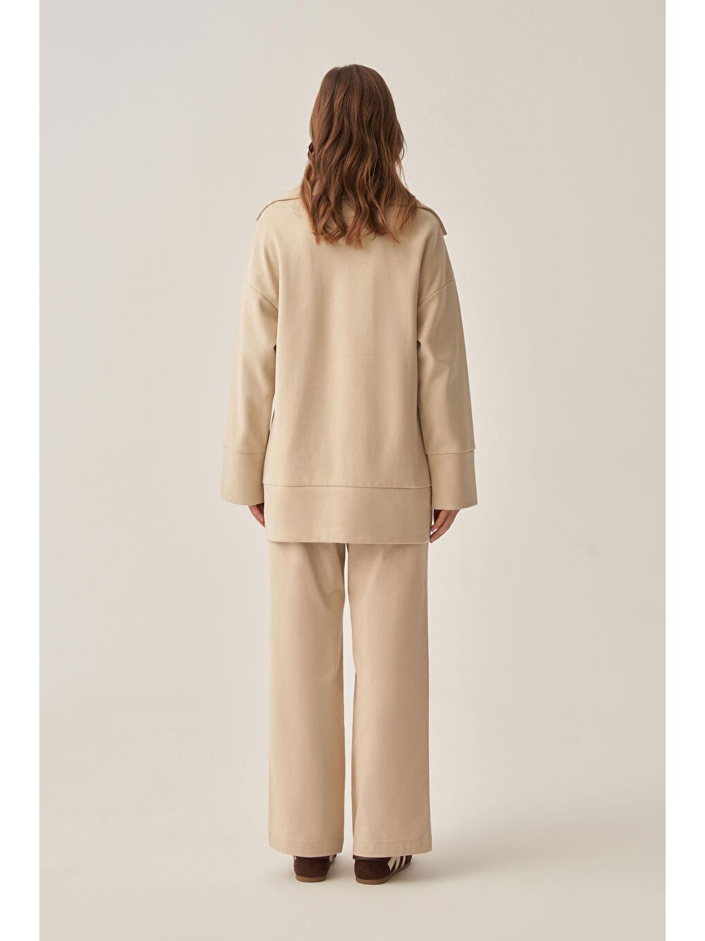 Bej Taş-Polo Yaka İnterlok Sweatshirt-2