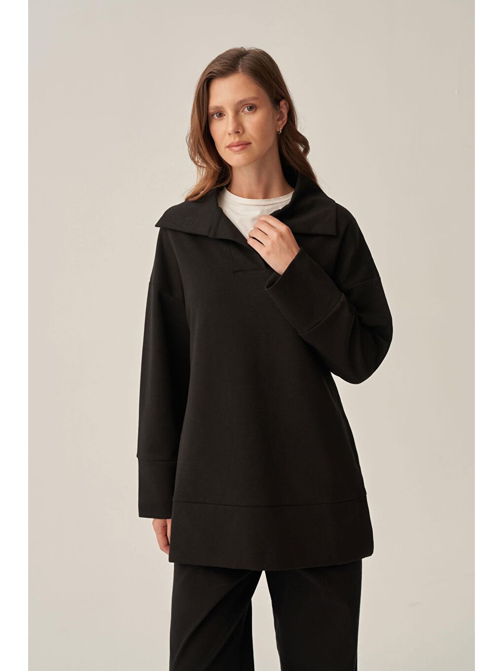 Siyah-Polo Yaka İnterlok Sweatshirt-3