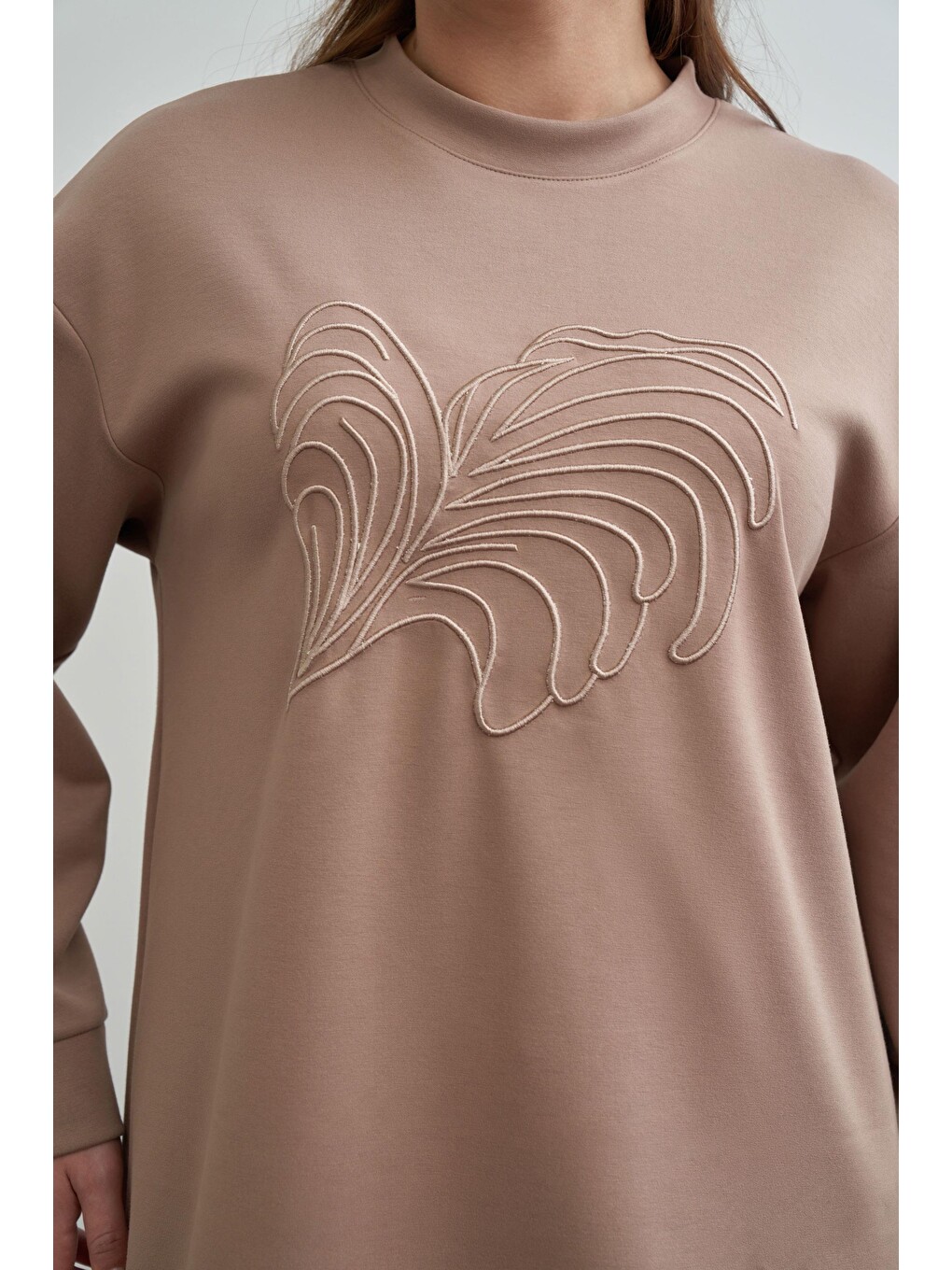 Bej Vizon-yumuşak Dokulu Nakışlı Sweatshirt-3