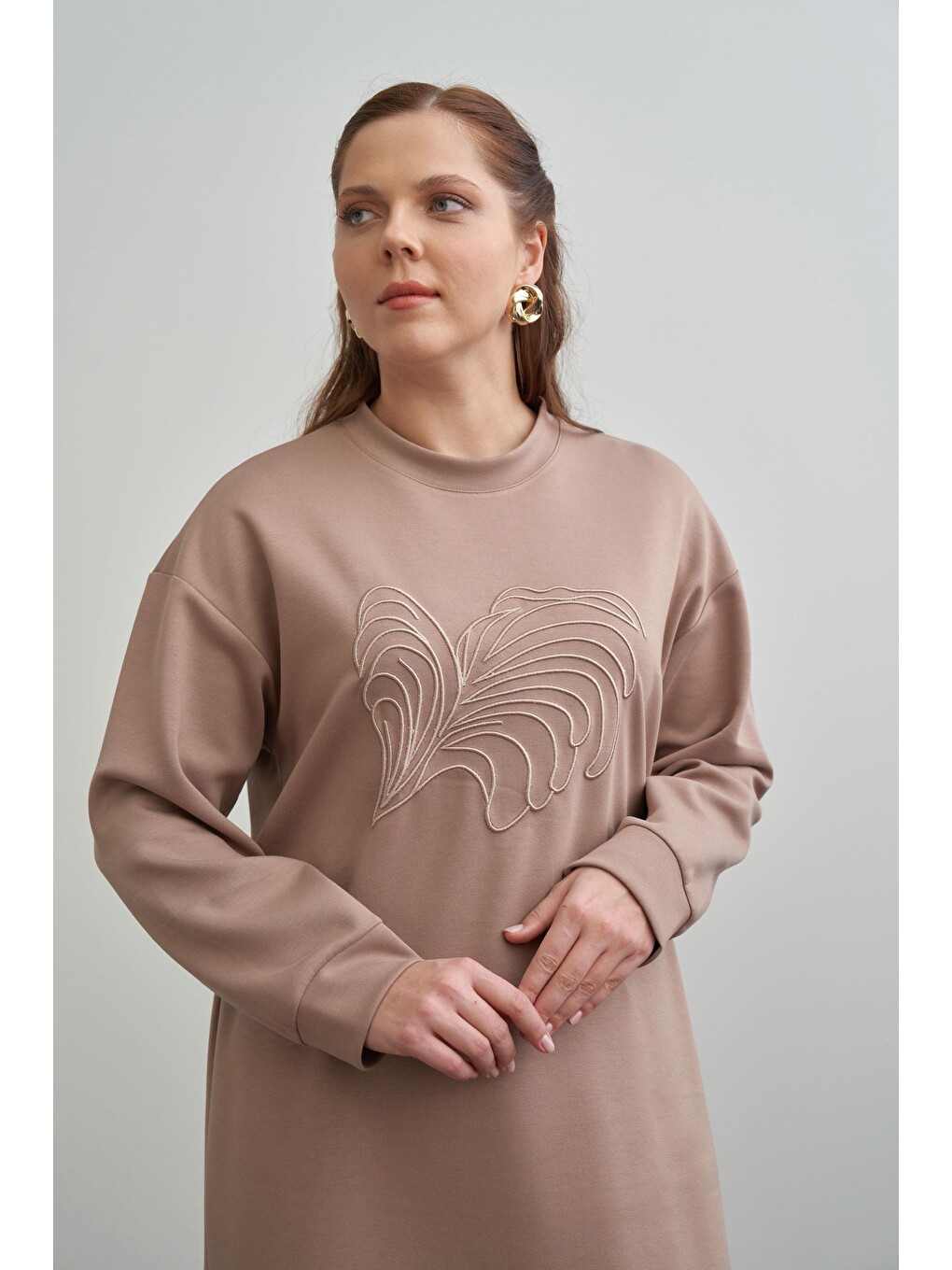 Bej Vizon-yumuşak Dokulu Nakışlı Sweatshirt-4