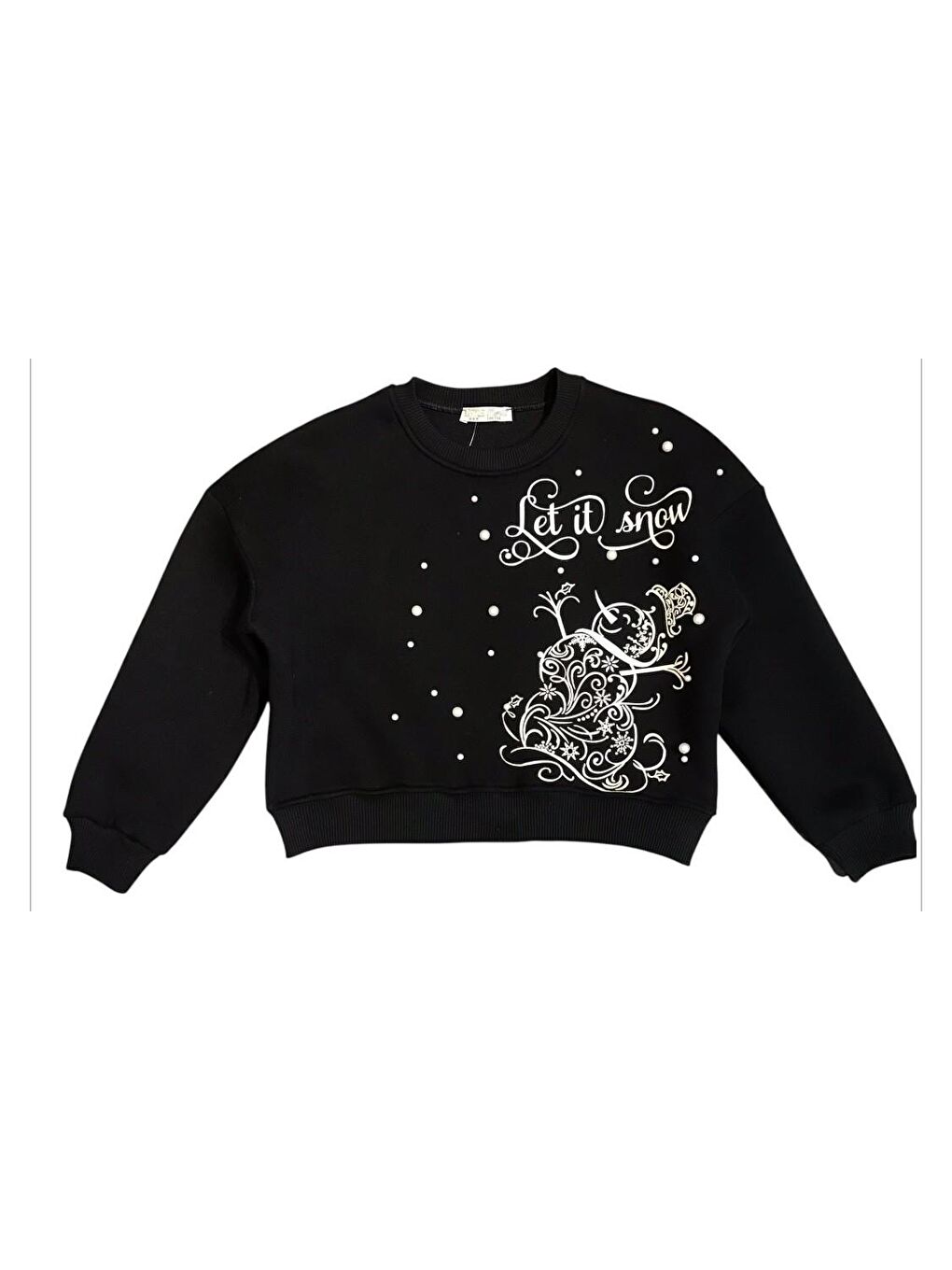 Little Star Siyah Kız Çocuk Şardonlu Kumaş  İncili Kardan Adam Sweatshirt