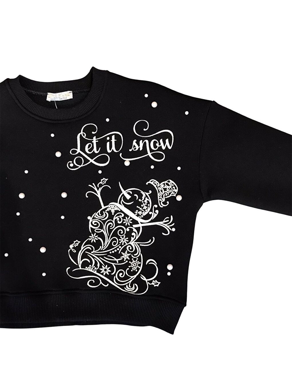 Little Star Siyah Kız Çocuk Şardonlu Kumaş  İncili Kardan Adam Sweatshirt - 1