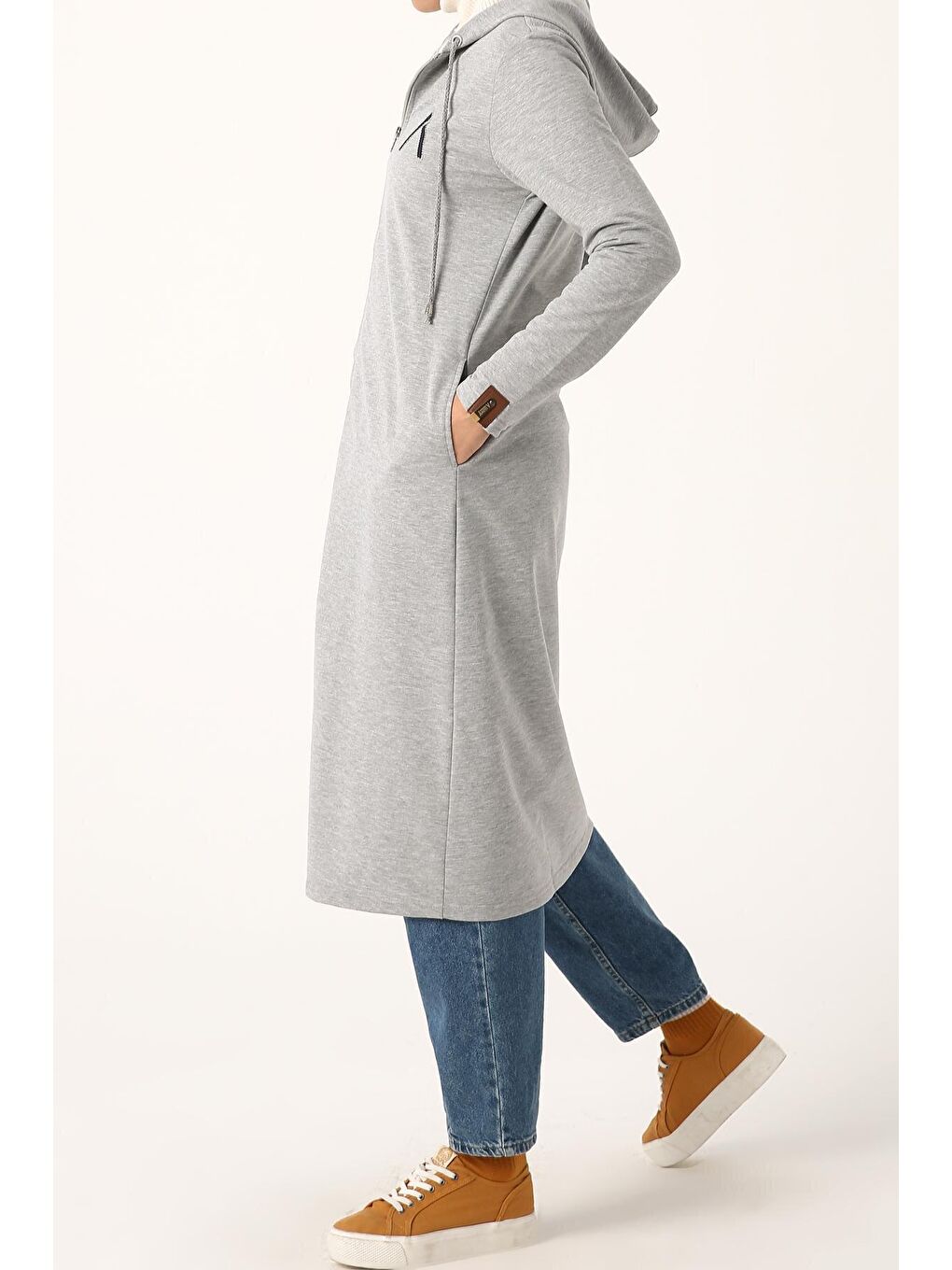 Gri Melanj Baskılı Kapüşonlu Hırka