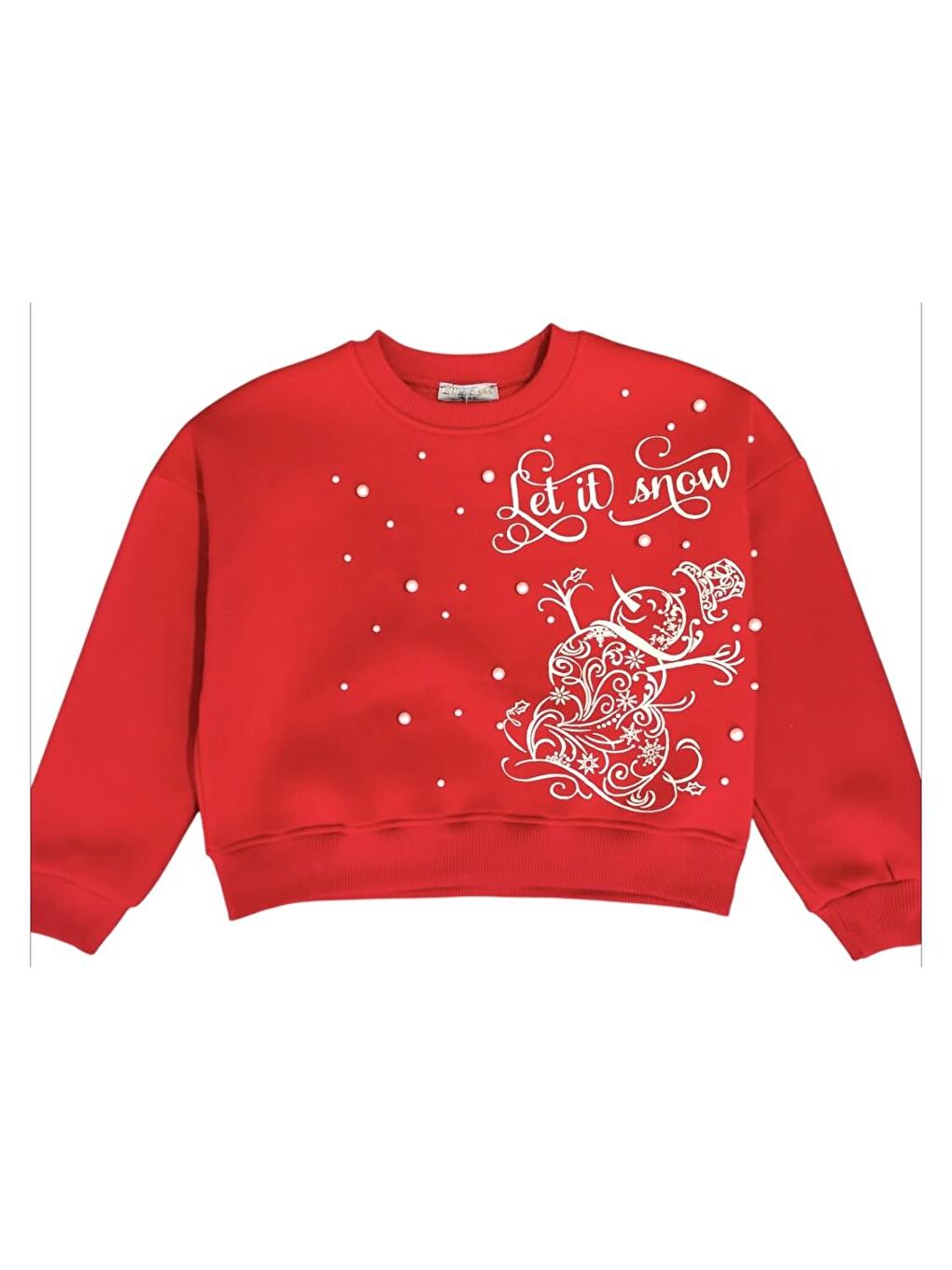 Little Star Kırmızı Kız Çocuk Şardonlu Kumaş  İncili Kardan Adam Sweatshirt